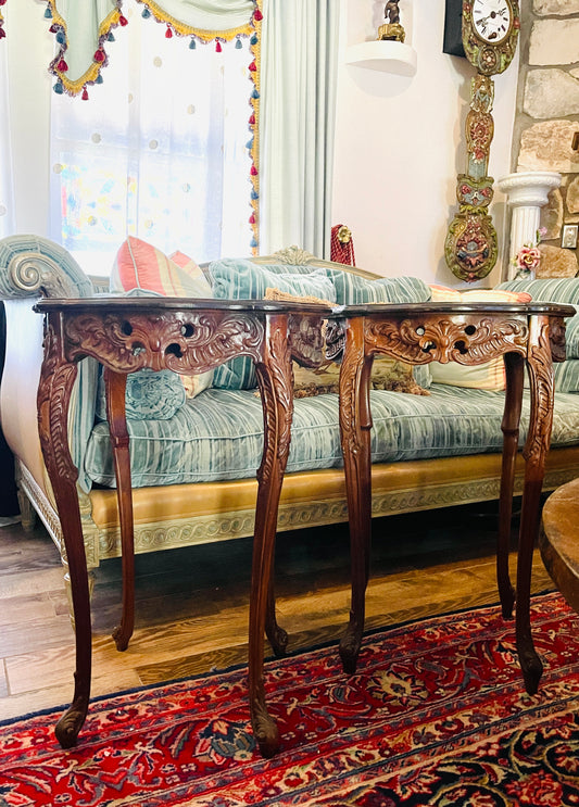 Vintage Italian Burl Wood Inlay Side Tables with Cabriole Legs, Pair