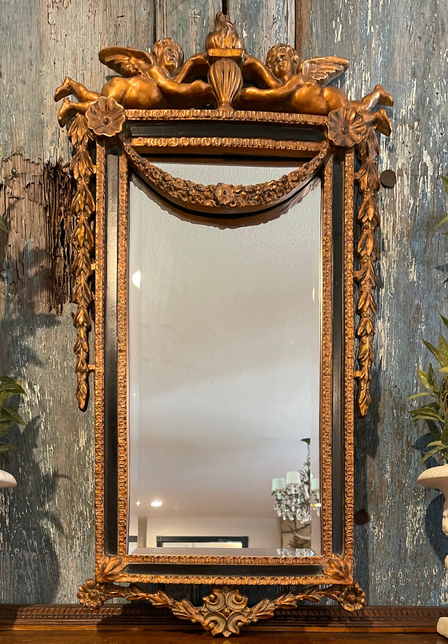 Carved Gilt Wood Cherub and Acanthus Beveled Mirror