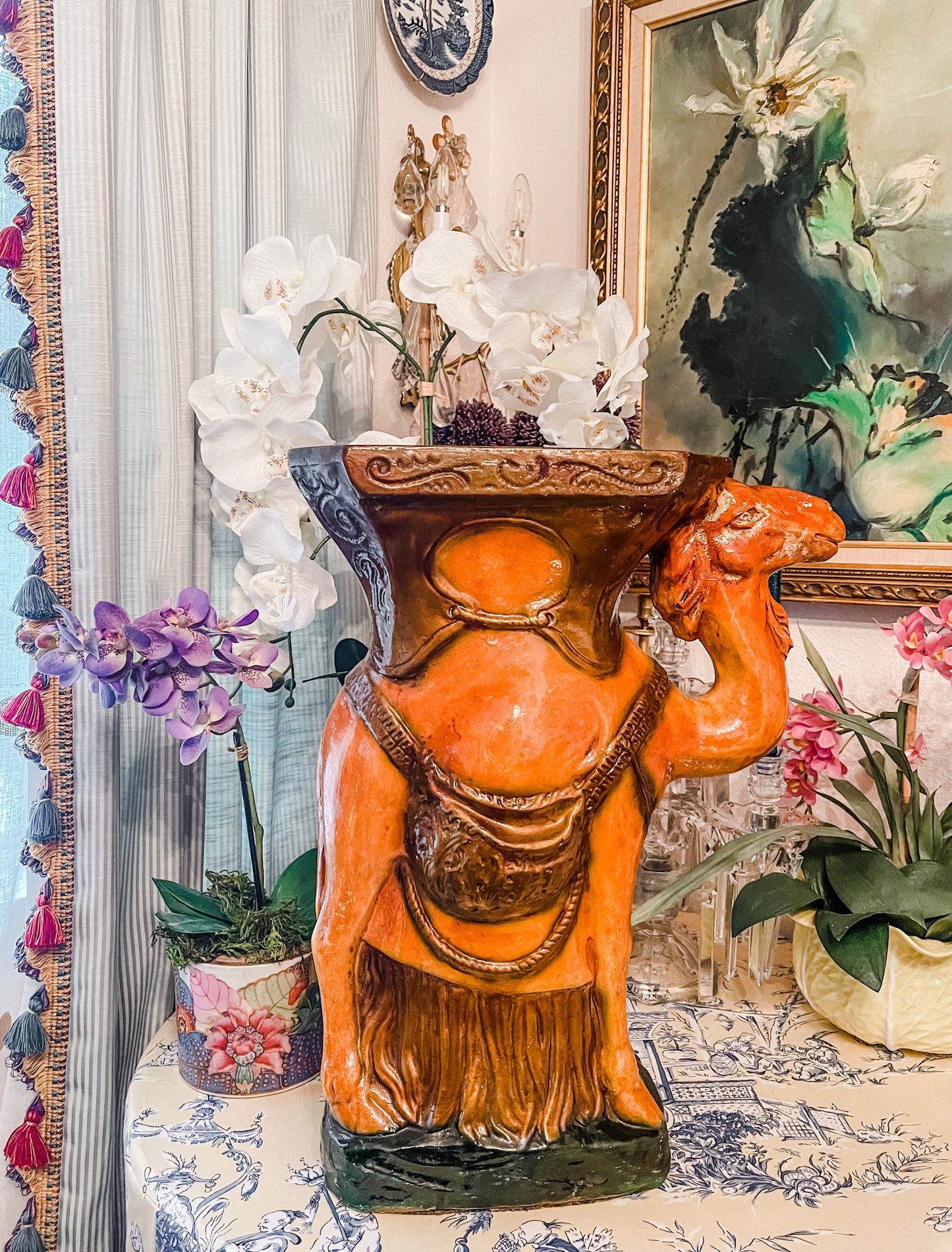 Vintage Majolica Camel Garden Stool, Plant Stand, Majolica Camel Side Table, Majolica Garden Stool