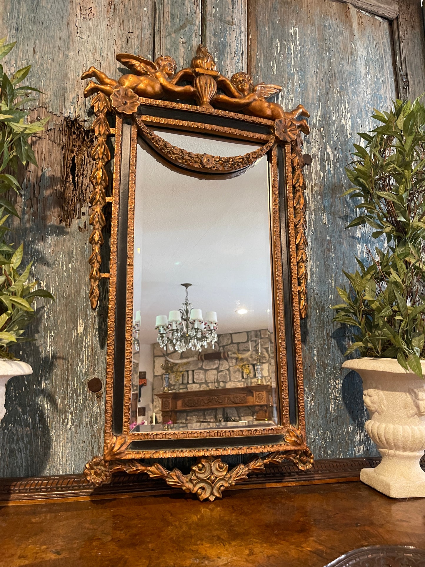 Carved Gilt Wood Cherub and Acanthus Beveled Mirror