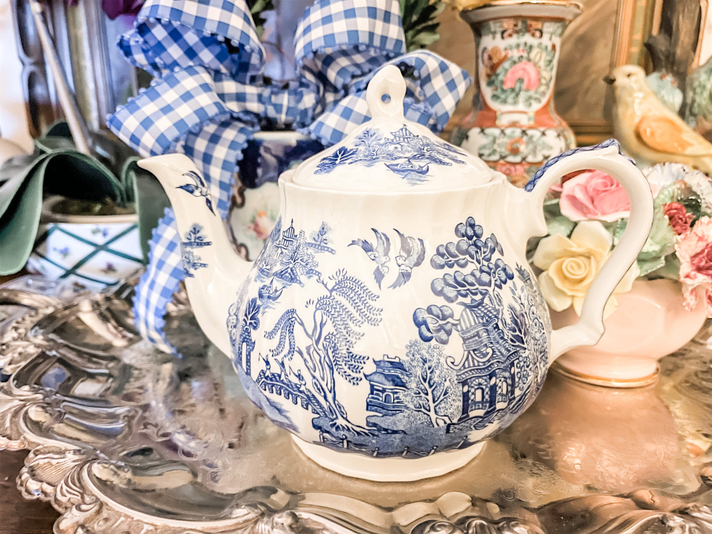 Vintage Mid Century 1950's Sadler England Blue Willow Teapot, Blue and White Chinoiserie