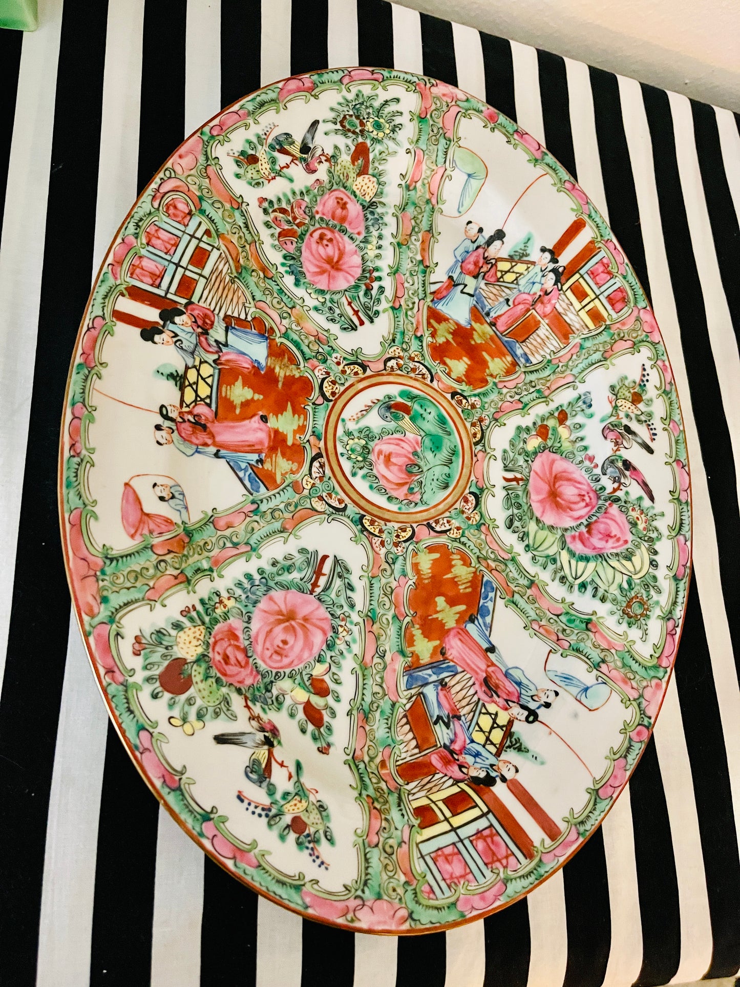 Large Vintage Oval Rose Medallion Platter, Hand Painted, Decorated in Hong Kong,