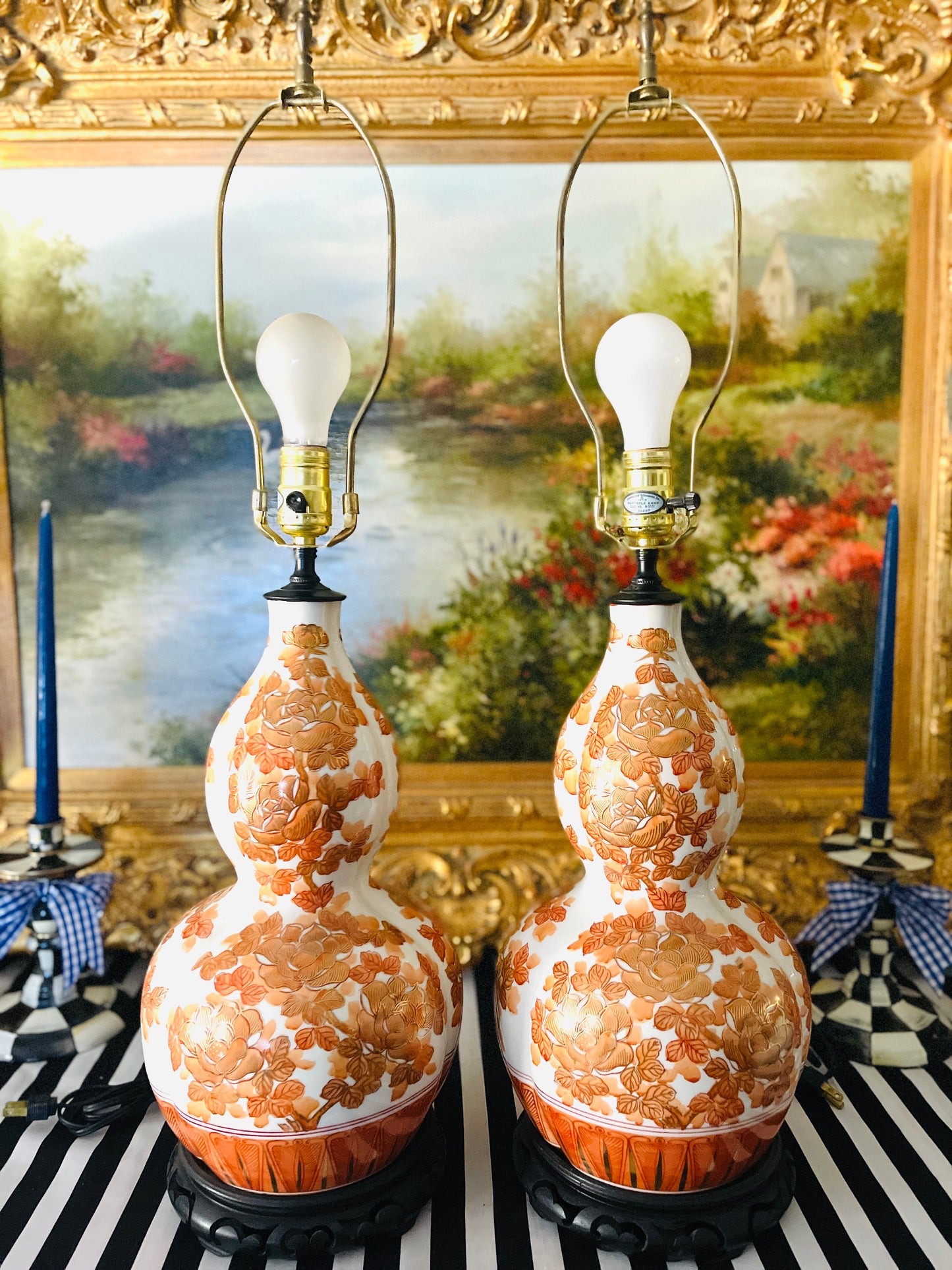 Vintage Orange and White Chinoiserie Lamps with Gilt Detail