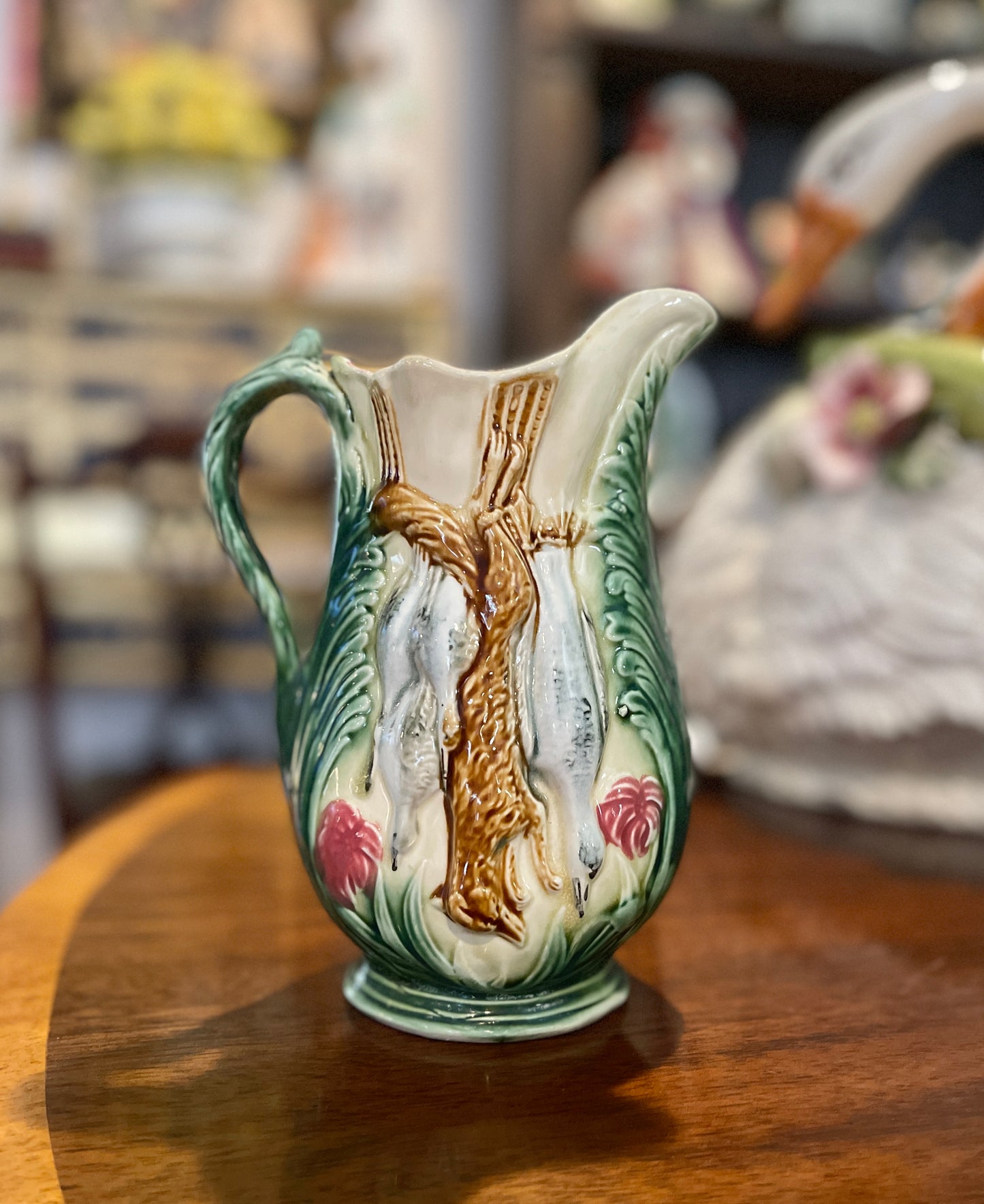 Antique Majolica Hunt Pitcher with a Fox, Rabbit and Birds, Hand Painted