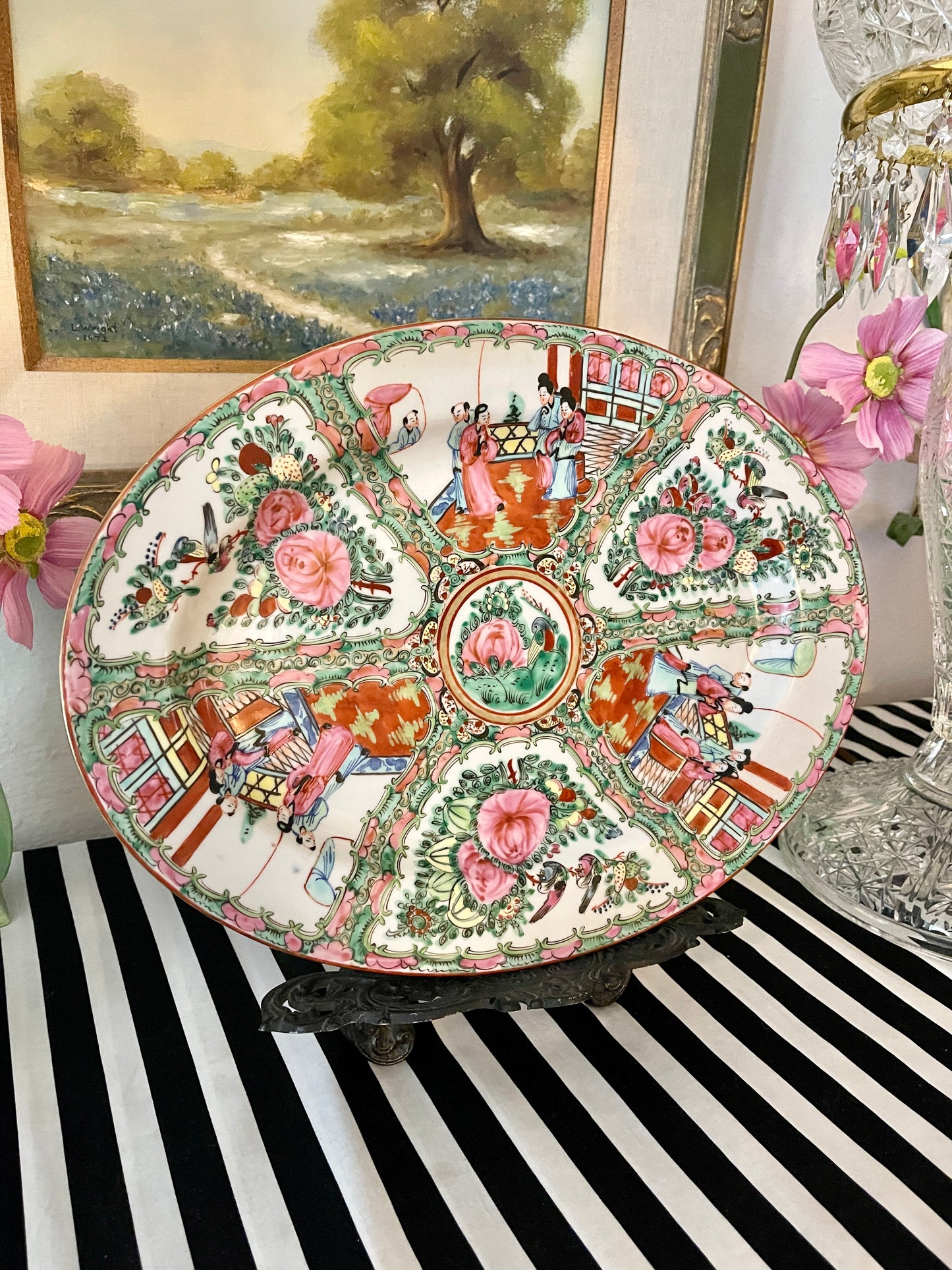 Large Vintage Oval Rose Medallion Platter, Hand Painted, Decorated in Hong Kong,