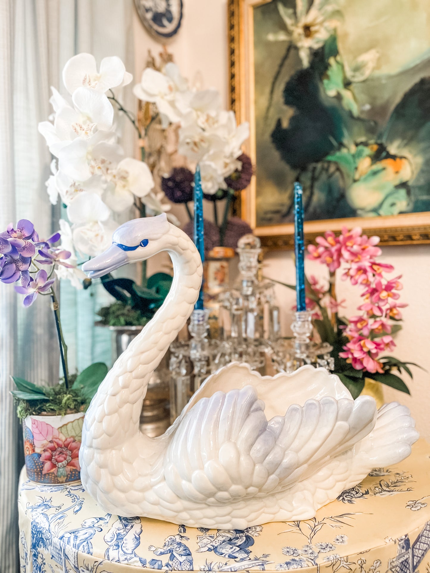 Large Blue and White Swan Planter, Vintage Hand Painted Ceramic Swan