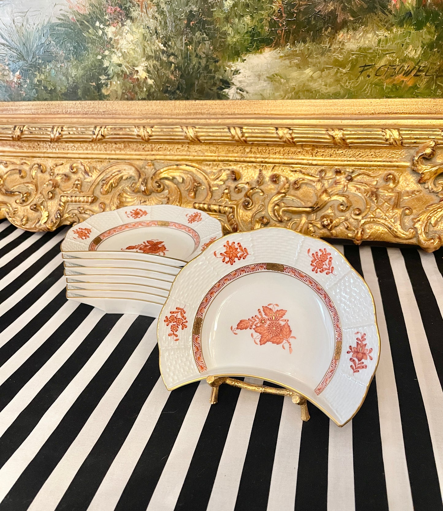 Herend Rust Chinese Bouquet Crescent Salad Plates, Sold in Pairs