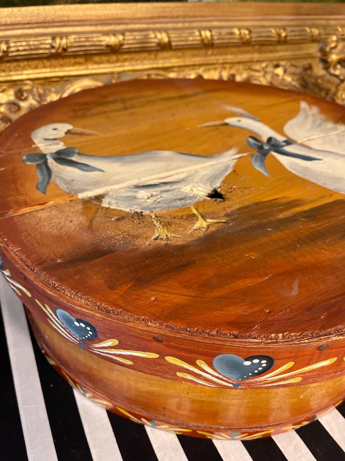 Vintage Hand Painted Cheese Box, Geese in Blue Bows