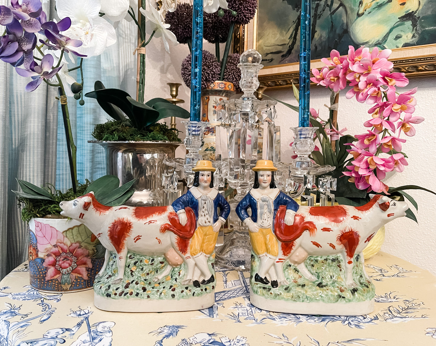Pair of Mirrored Vintage Staffordshire Dandy Gentleman Farmers with Cows