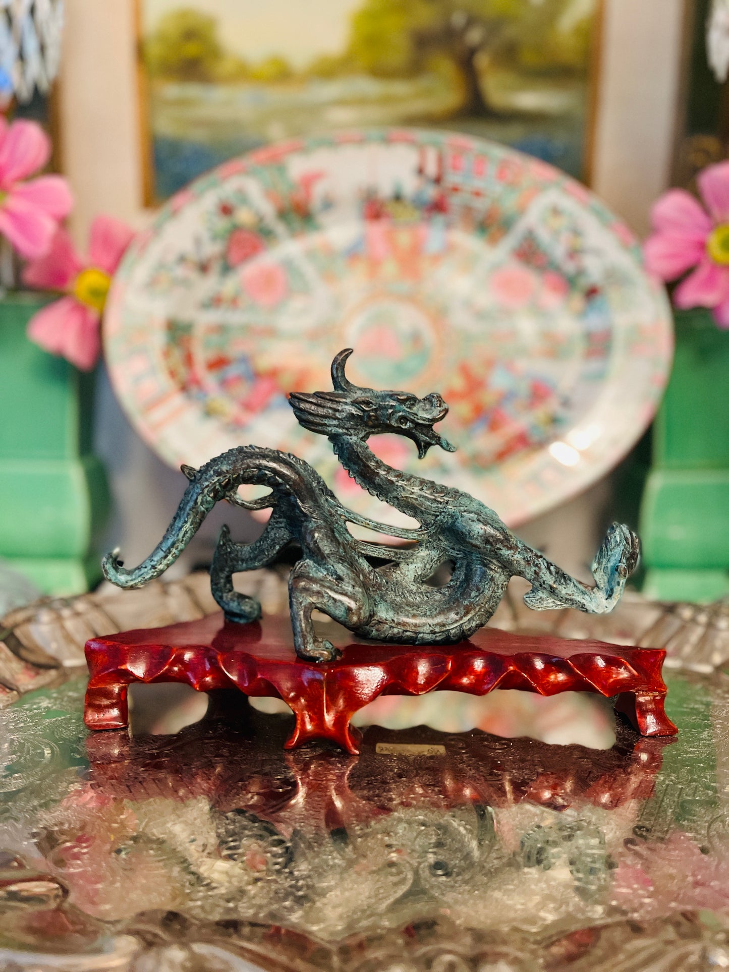 Vintage Chinese Verdigris Bronze Dragon on Wood Base, Chinoiserie Shelf Decor