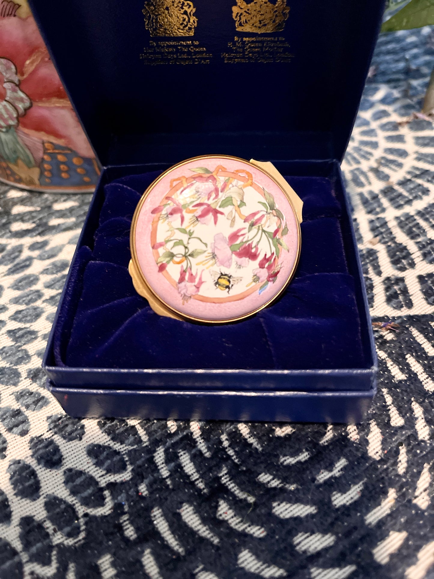 Halcyon Days Enamel Box with Pink Flowers, Viney Green Foliage and a Buzzing Bee, Made in England, Original Box