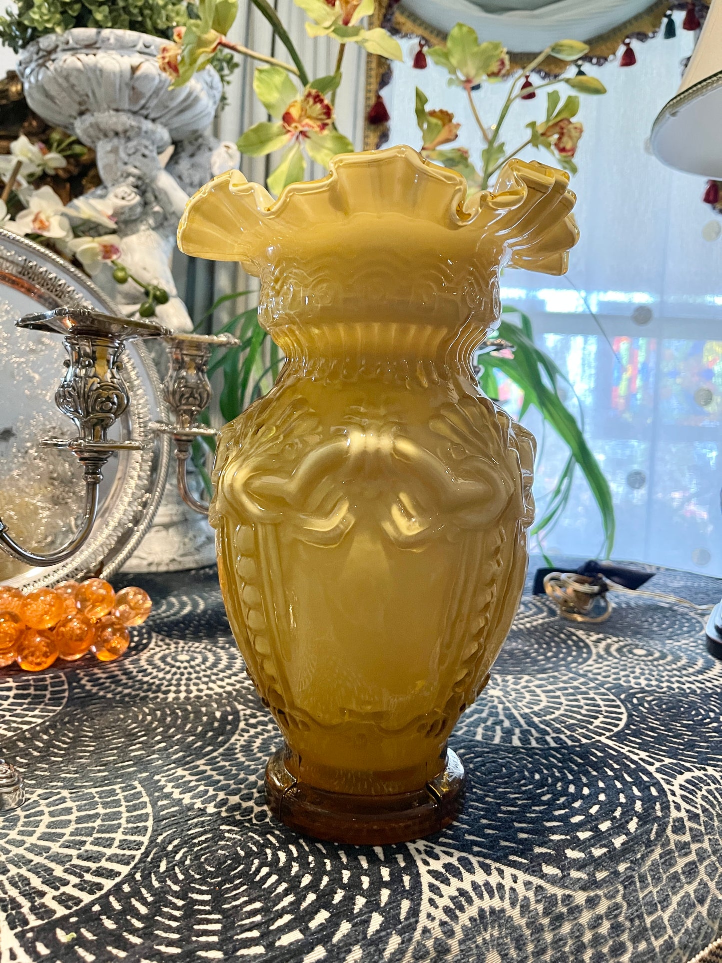 Vintage Art Deco Vase with Cased Ruffle Hand Blown Glass Vase, Mid 20th Century Victorian Vase in Butterscotch, Fantastic Detail