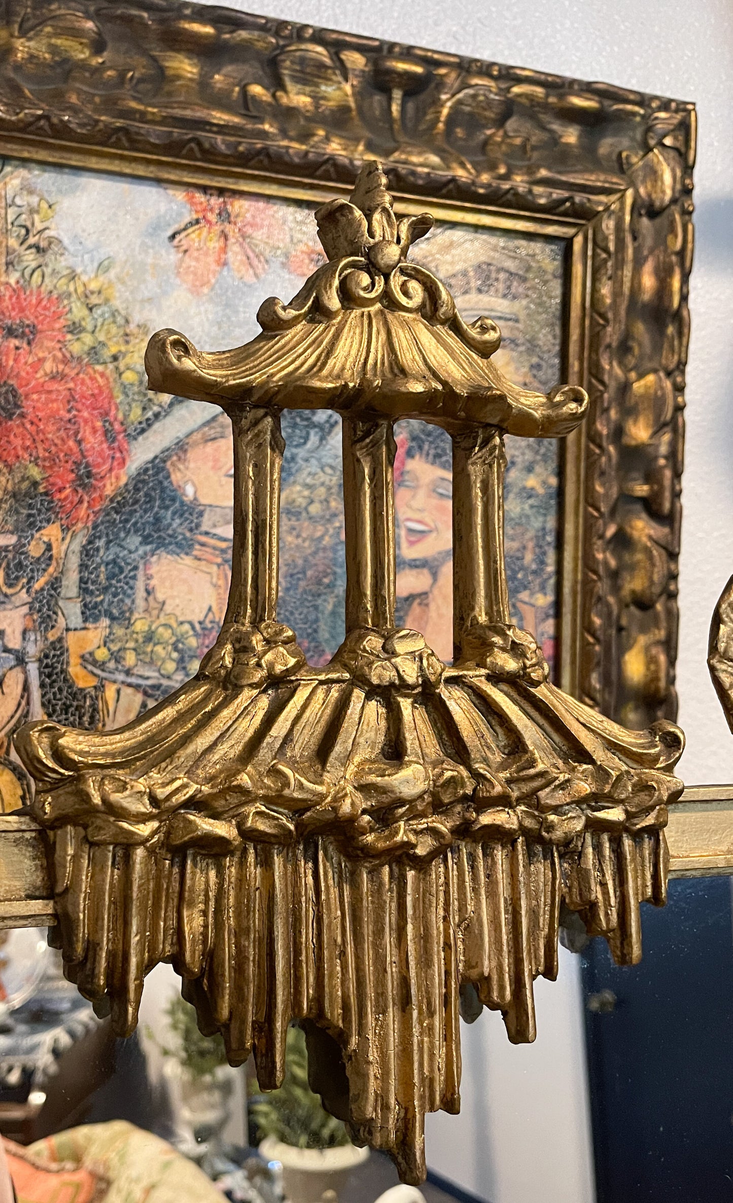 Antique Chinoiserie Hand Carved Gilt Wood Pagoda Rococo Mirror with Birds