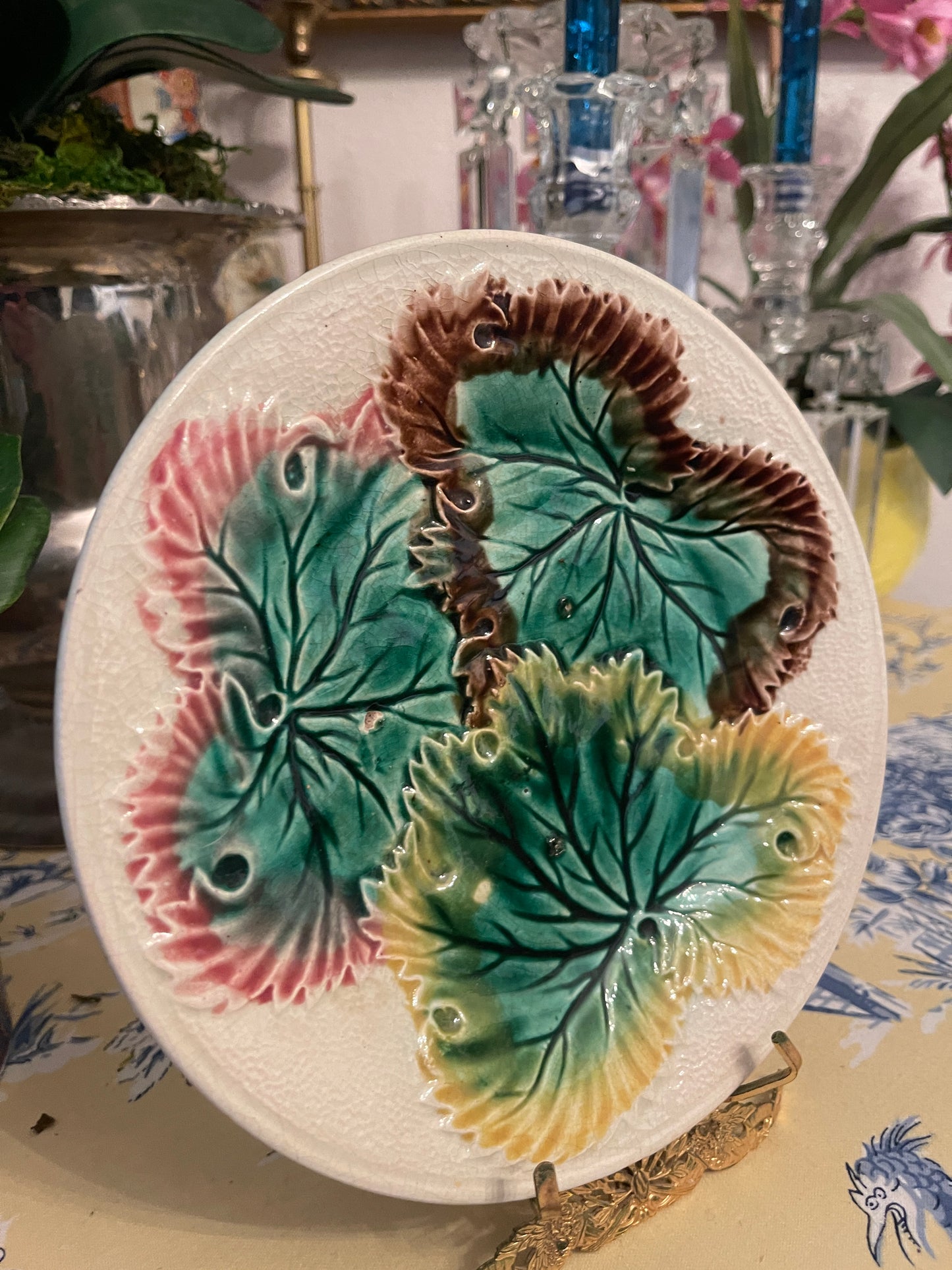 Antique Majolica Three Leaf Plate