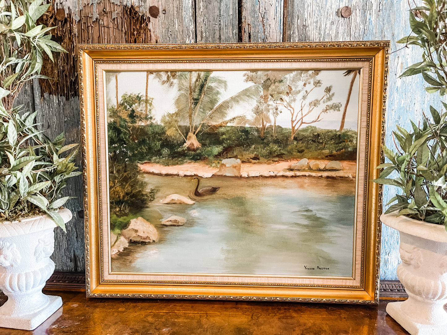Black Swan Painting Set in Maui, Original Painting, Signed and Framed