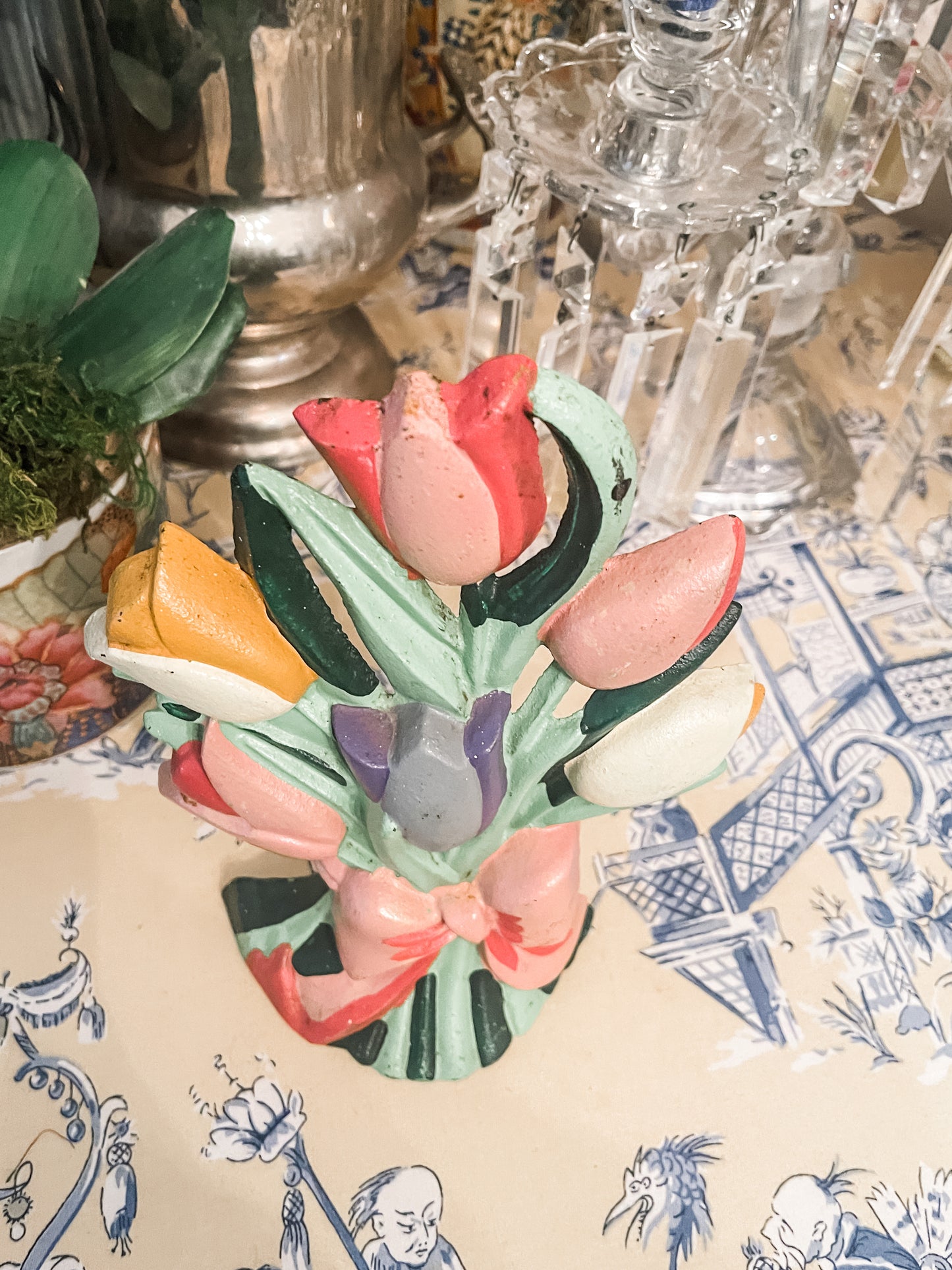 Vintage Cast Iron Tulip Bouquet with Pink Bow