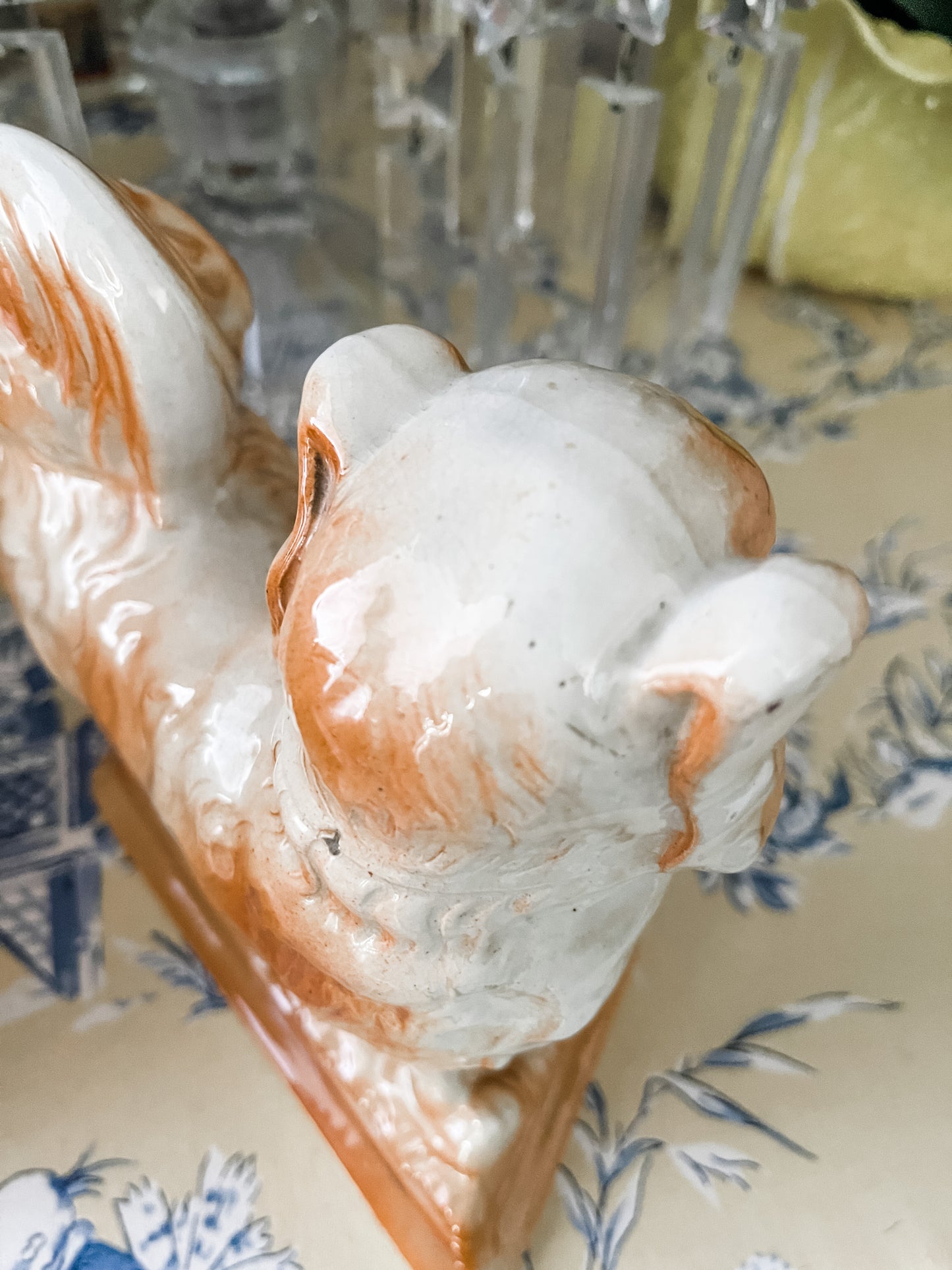 Antique Staffordshire Mantle Dogs, Pair of Pekingese with Blue Bows, Late 19th Century