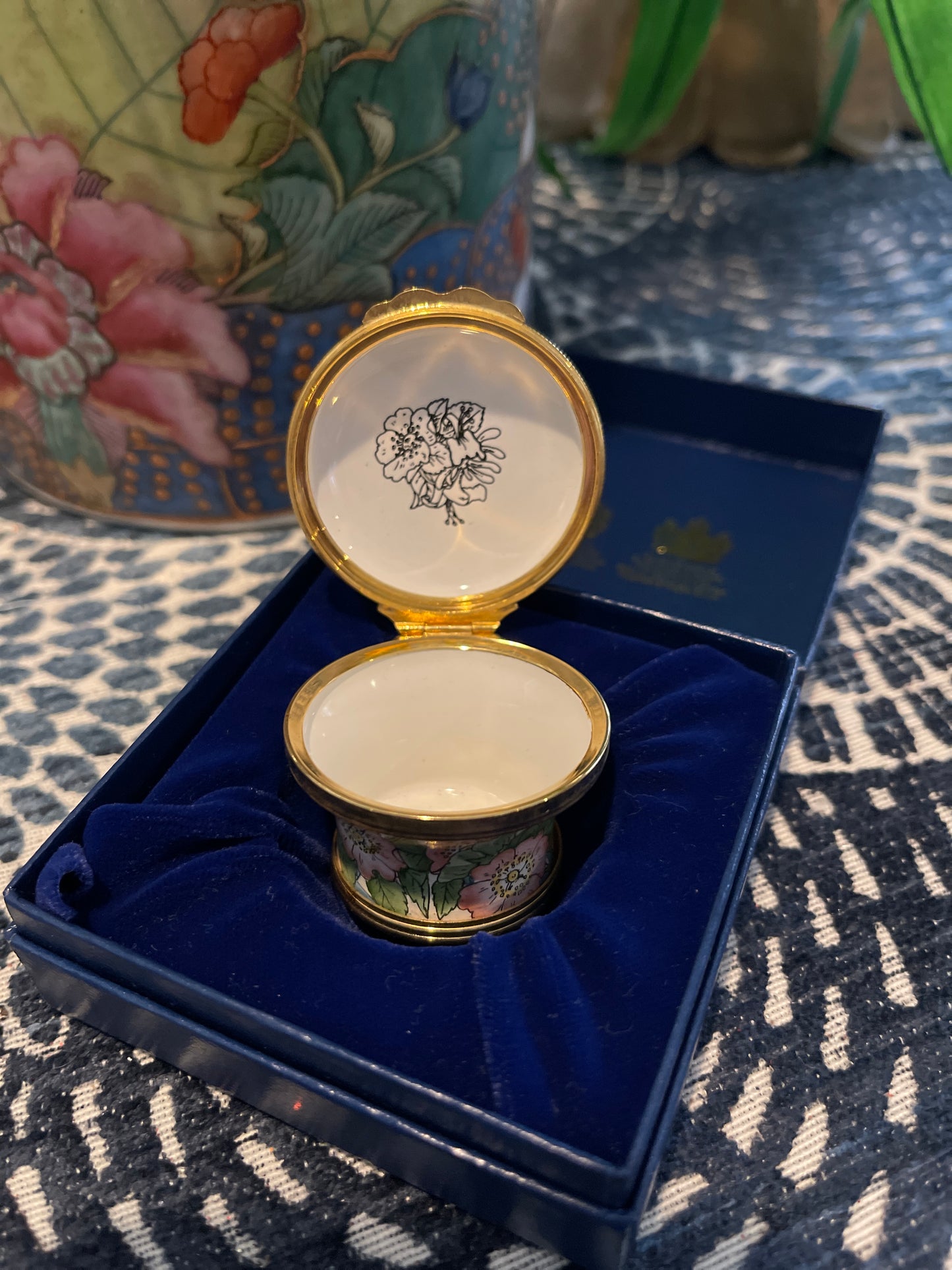 Vintage Halcyon Days Enamel Box with Pink and Yellow Flowers Draped on a Blue Trellis, Made in England