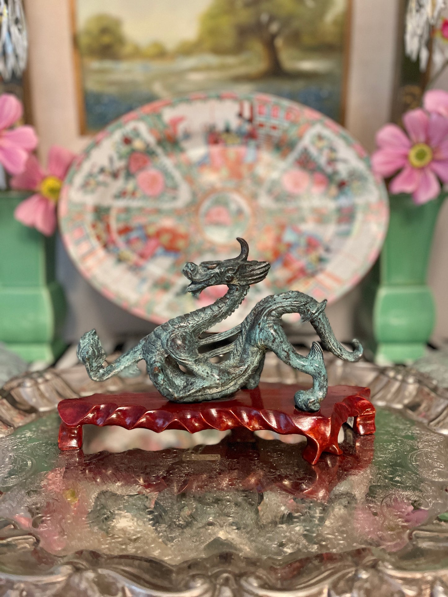 Vintage Chinese Verdigris Bronze Dragon on Wood Base, Chinoiserie Shelf Decor
