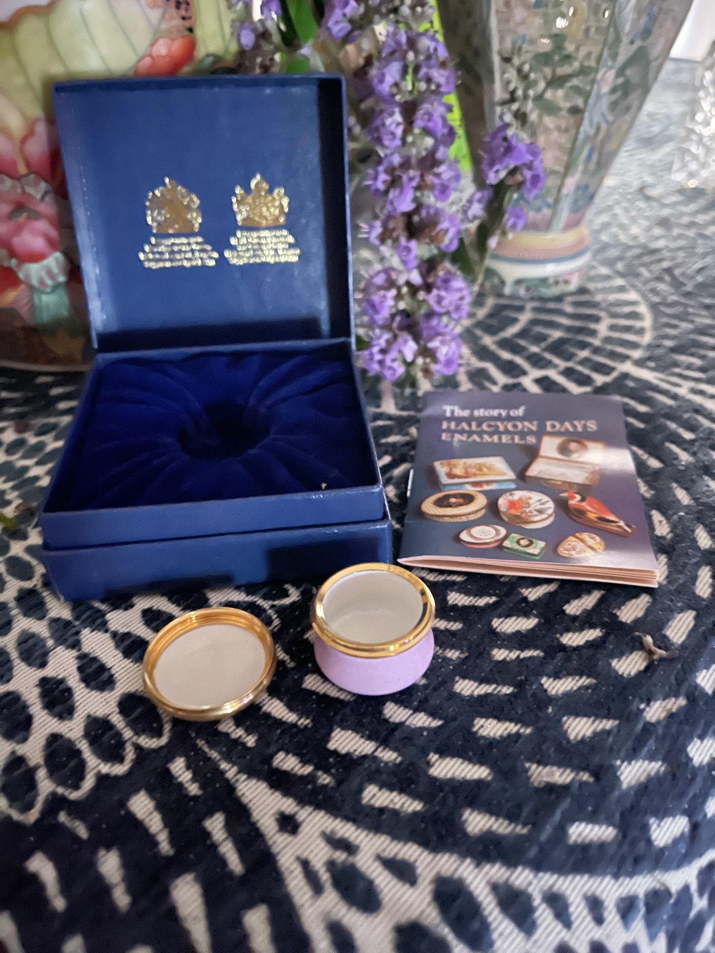 Halcyon Days MINI Enamel Box with Pink Flowers and Leafy Green Foliage, Made in England, Original Box