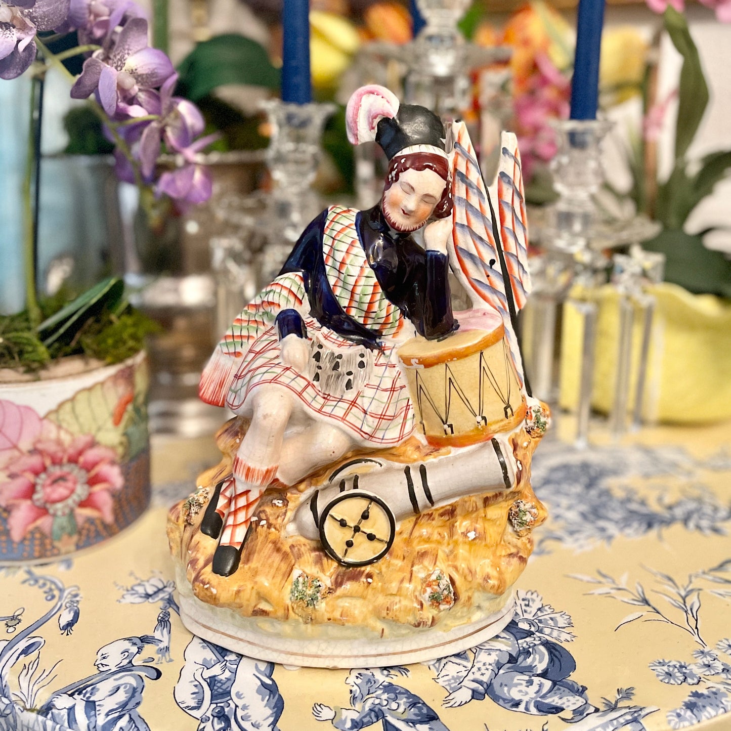 Sleeping Scotsman Staffordshire Statuette, Hand Painted, Vibrant Colors, Military Shelf Decor