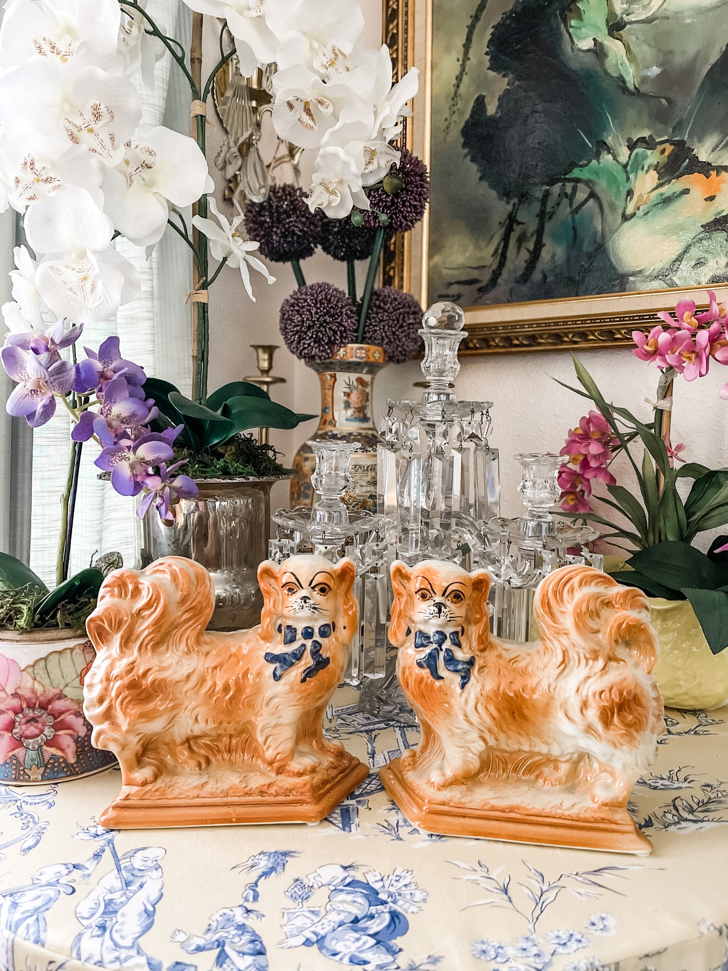 Antique Staffordshire Mantle Dogs, Pair of Pekingese with Blue Bows, Late 19th Century