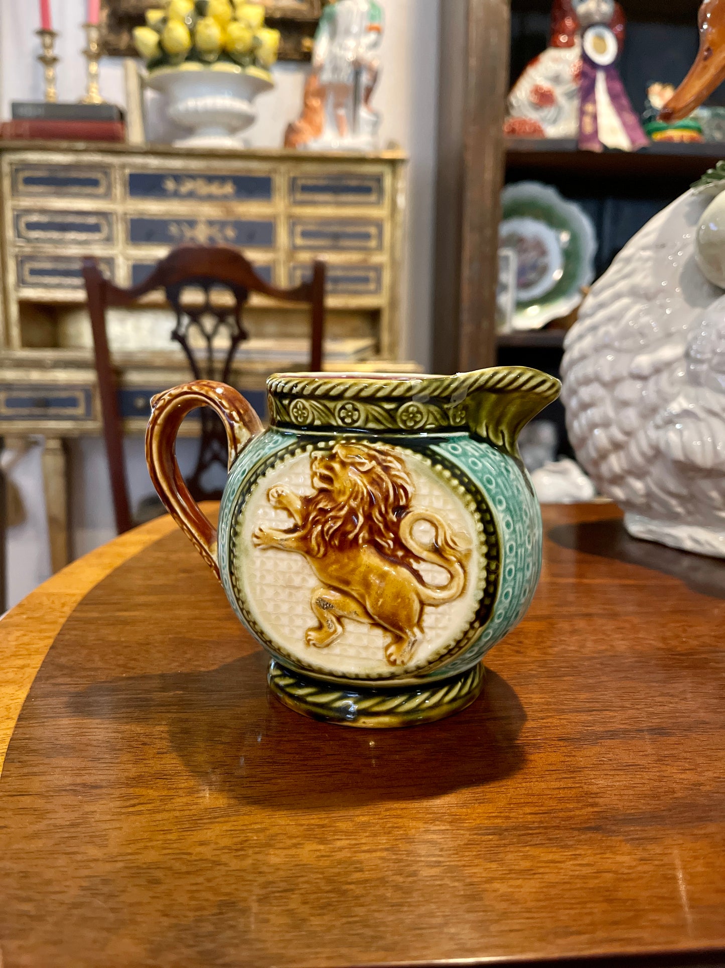 Antique Frie Onnaing Made In France Majolica Pitcher Milk Jug Creamer w/Lion