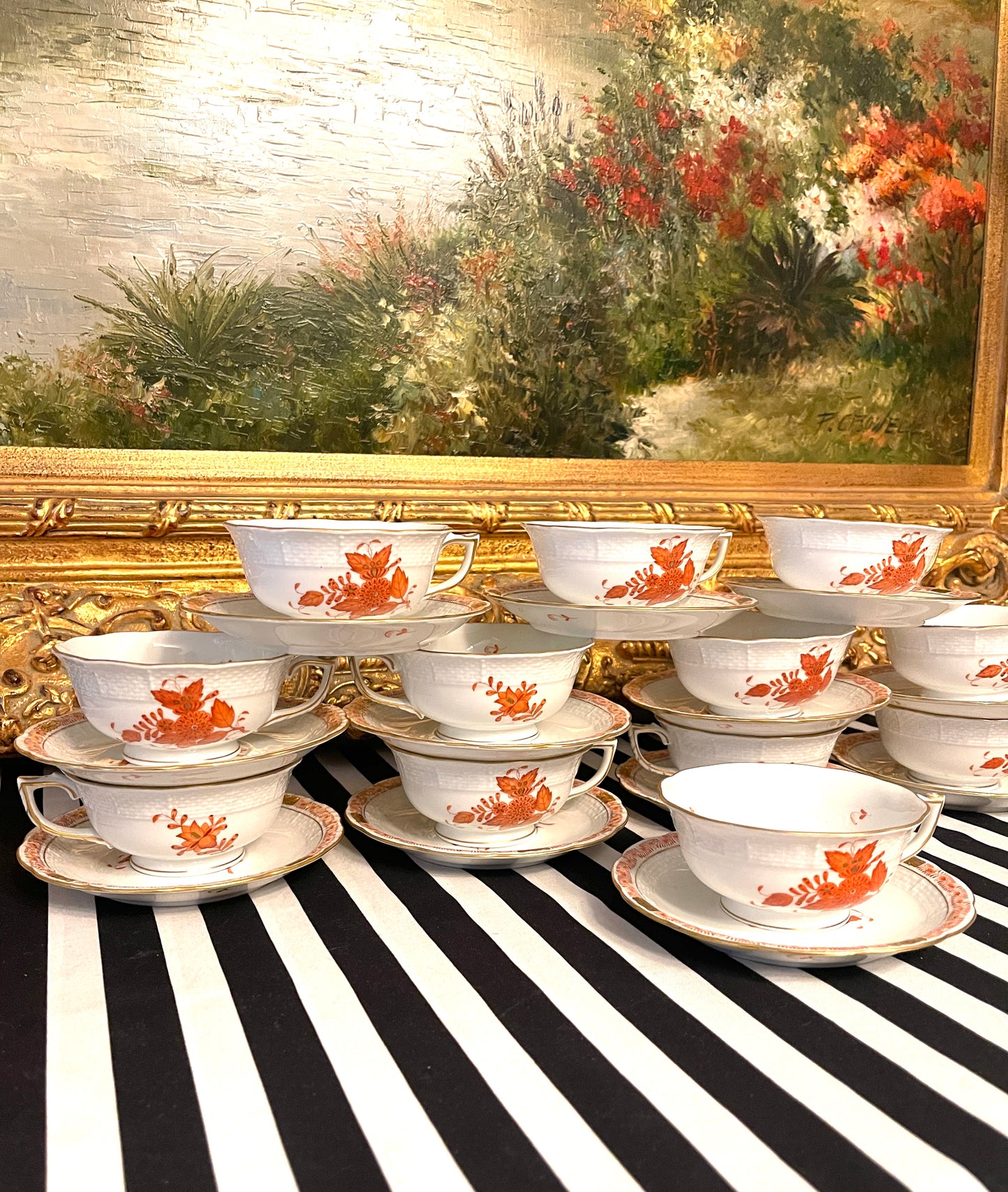 Herend Chinese Bouquet Footed Cup and Saucer, Selling as a Four (4) Piece Set- 2 Cups, 2 Saucers
