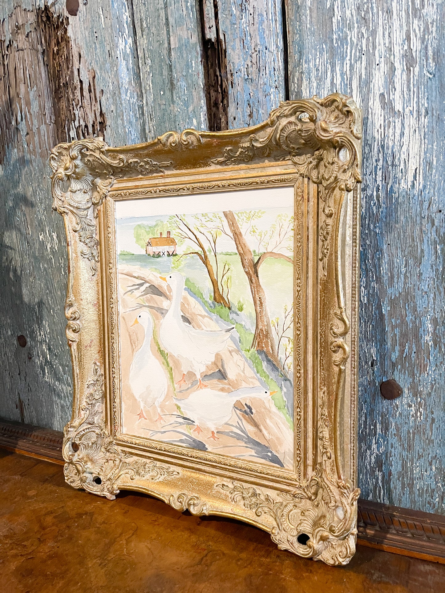 Original Watercolor- White Geese on a Country Lane with a French Chateau or English Manor