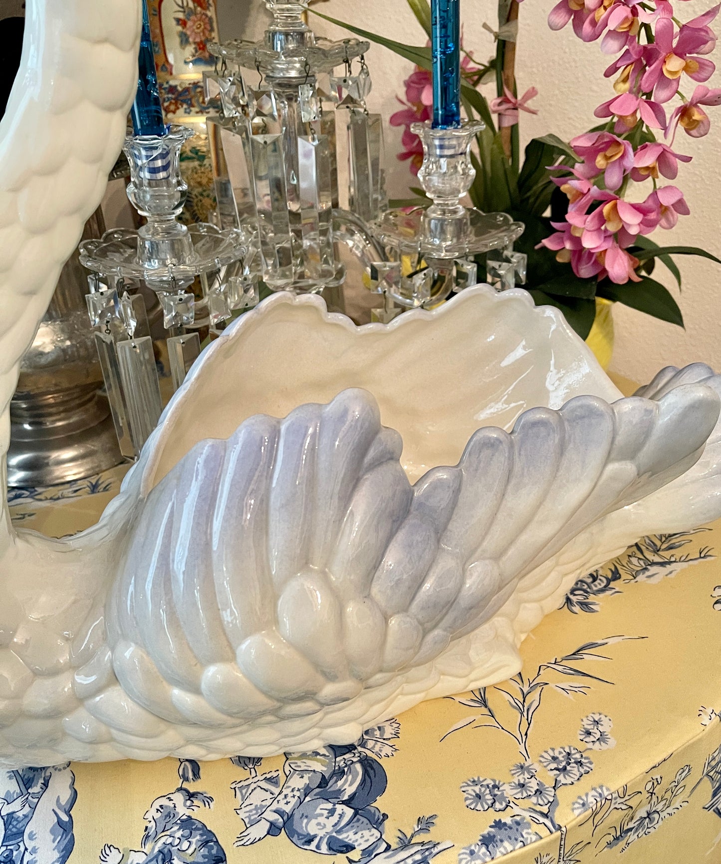 Large Blue and White Swan Planter, Vintage Hand Painted Ceramic Swan