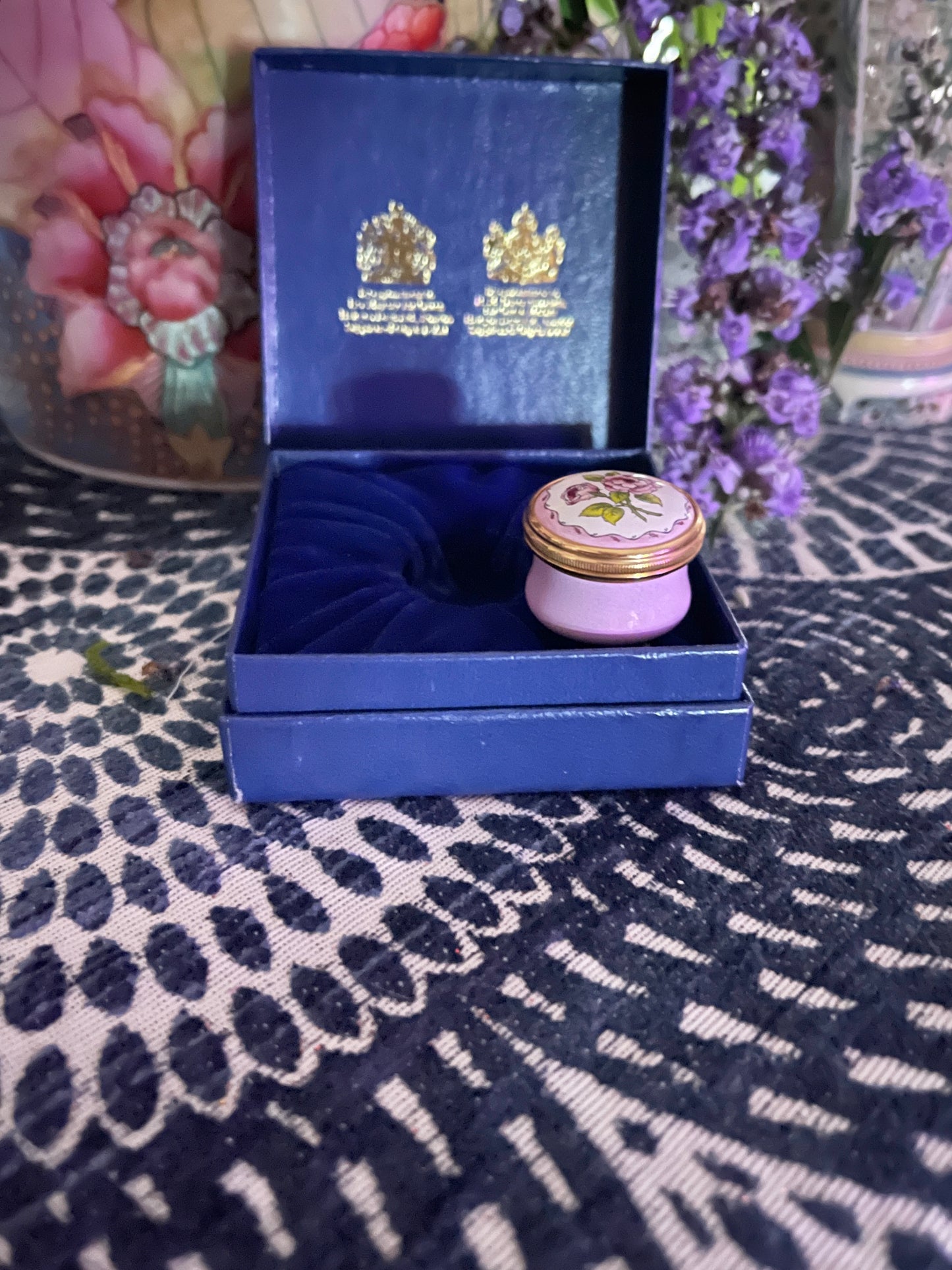 Halcyon Days MINI Enamel Box with Pink Flowers and Leafy Green Foliage, Made in England, Original Box