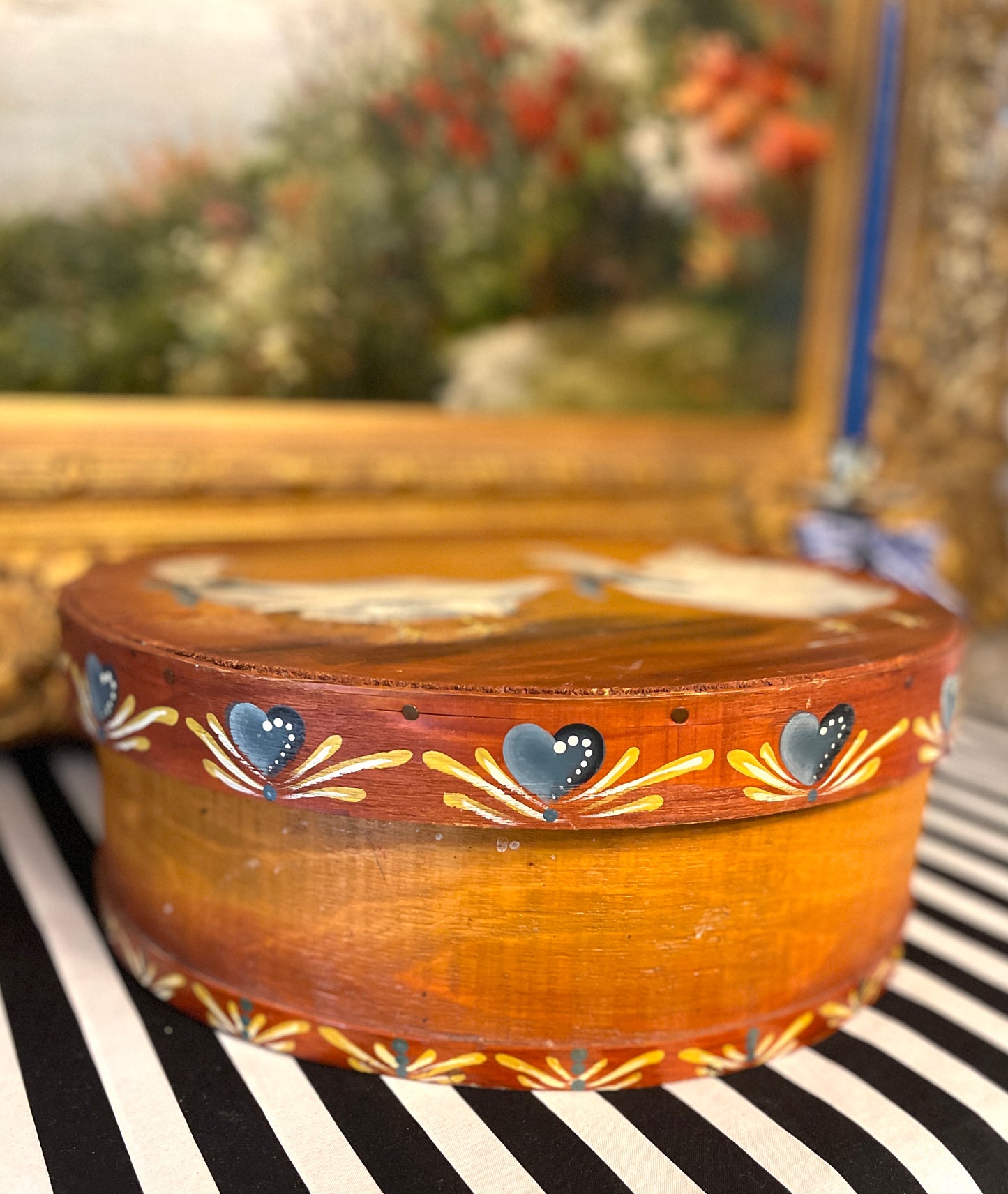 Vintage Hand Painted Cheese Box, Geese in Blue Bows
