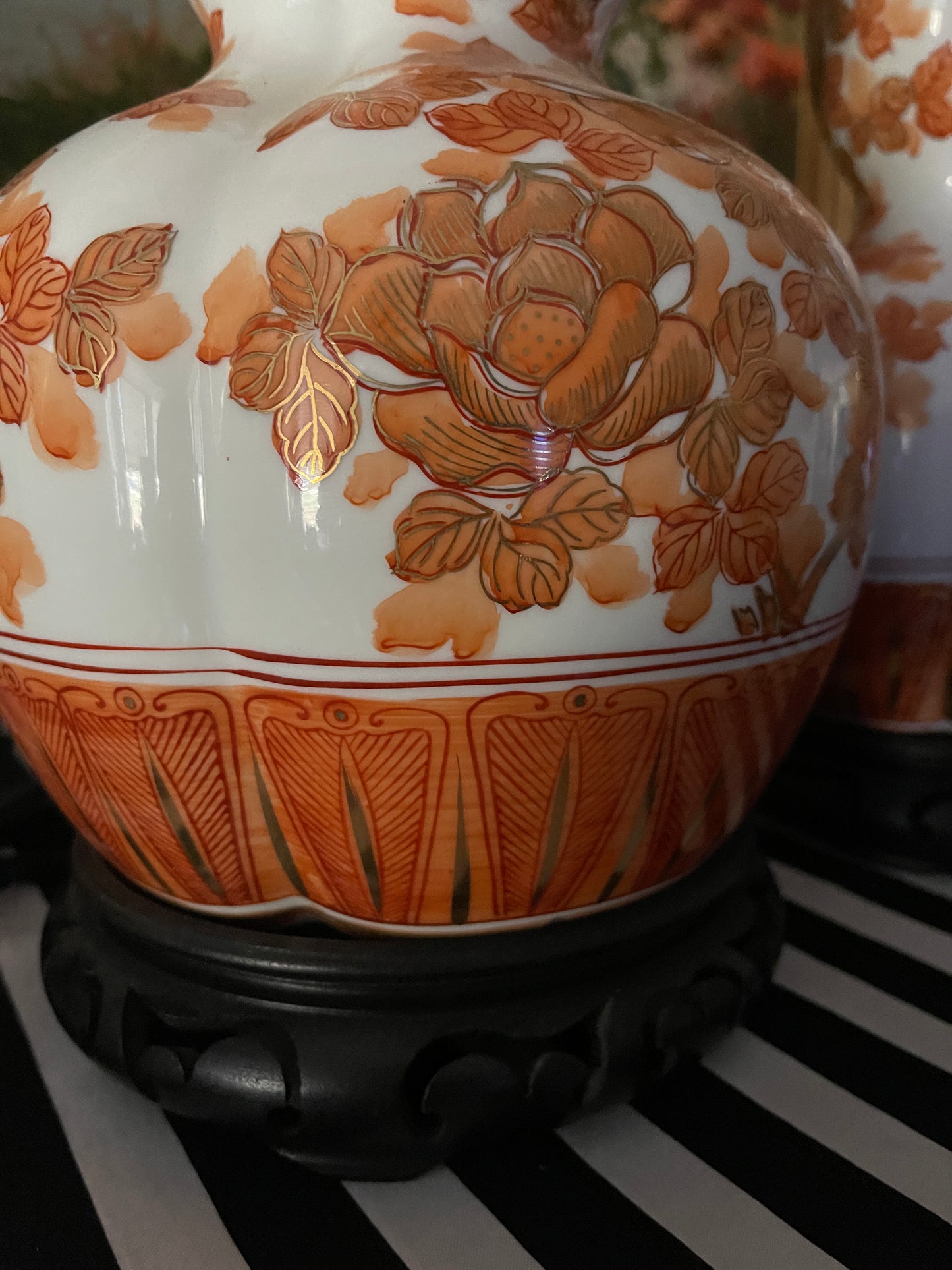Vintage Orange and White Chinoiserie Lamps with Gilt Detail