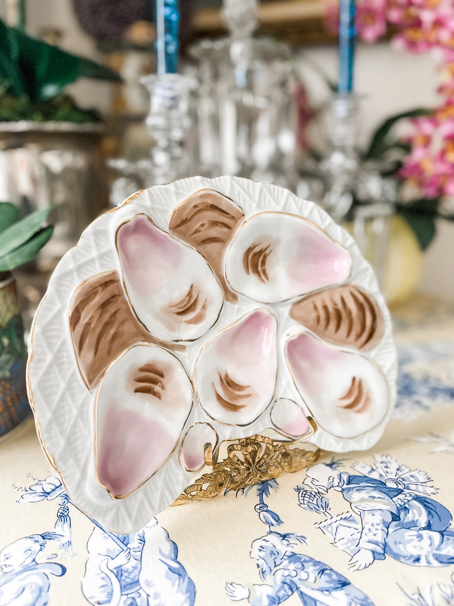 Vintage French Crescent Oyster Plate, Pink with Gilded Rim