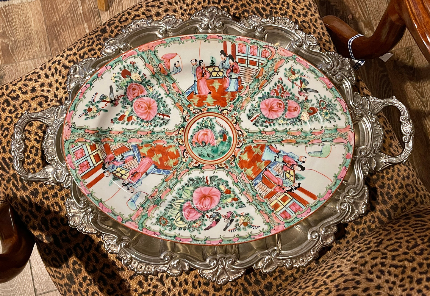 Large Vintage Oval Rose Medallion Platter, Hand Painted, Decorated in Hong Kong,