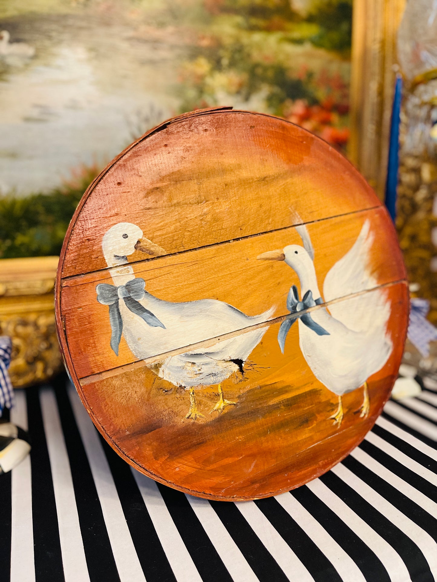 Vintage Hand Painted Cheese Box, Geese in Blue Bows