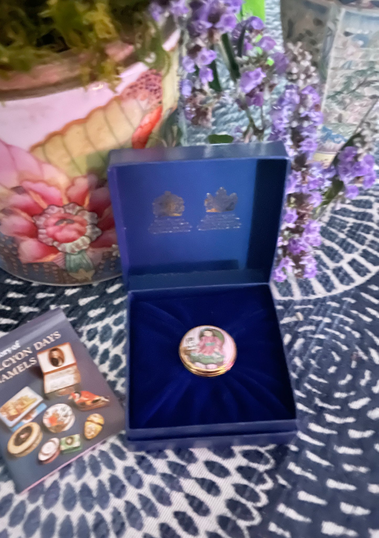 Halcyon Days MINI Enamel Box with a Doll and a Staffordshire Spaniel, Made in England, Original Box