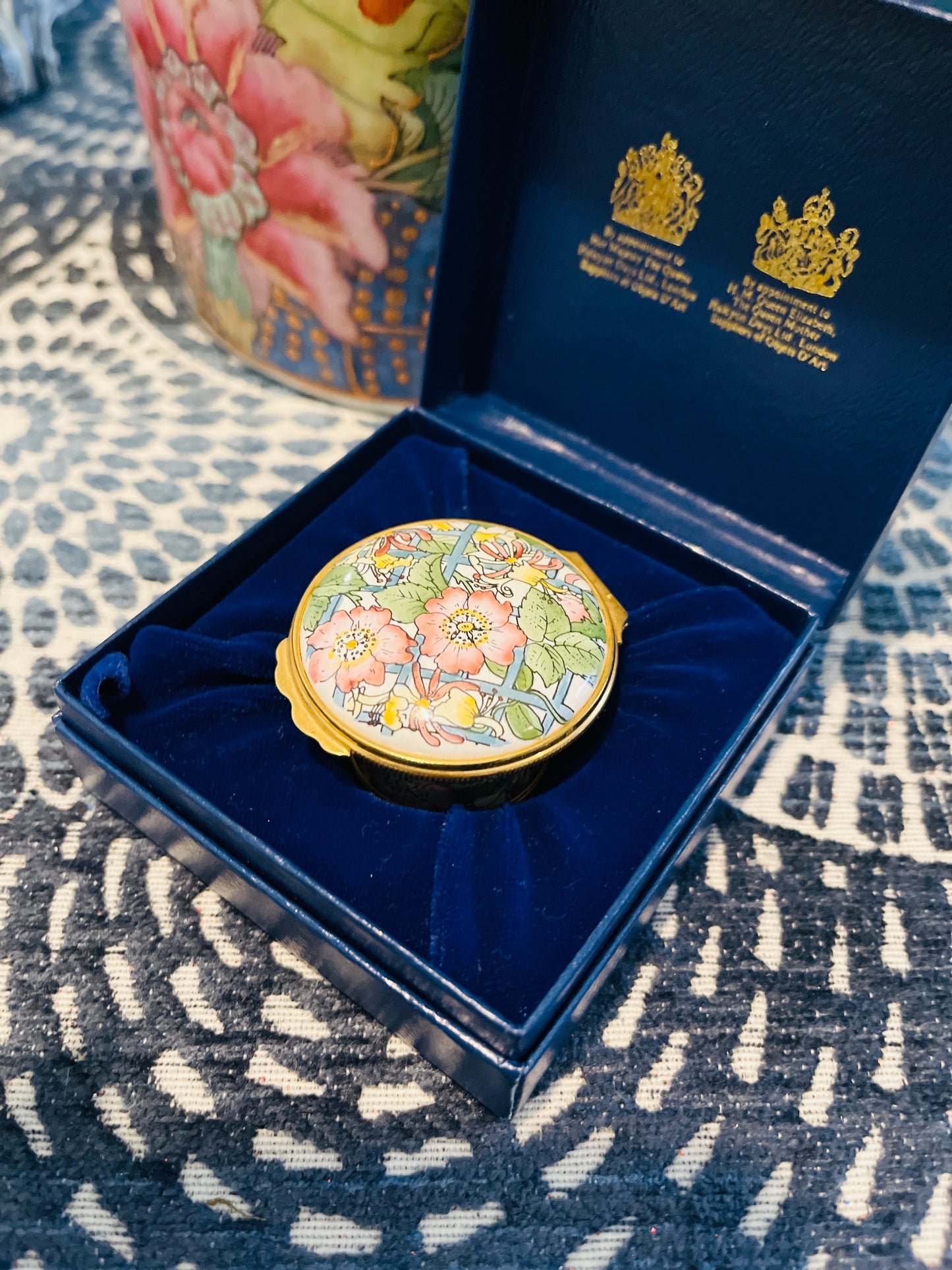 Vintage Halcyon Days Enamel Box with Pink and Yellow Flowers Draped on a Blue Trellis, Made in England