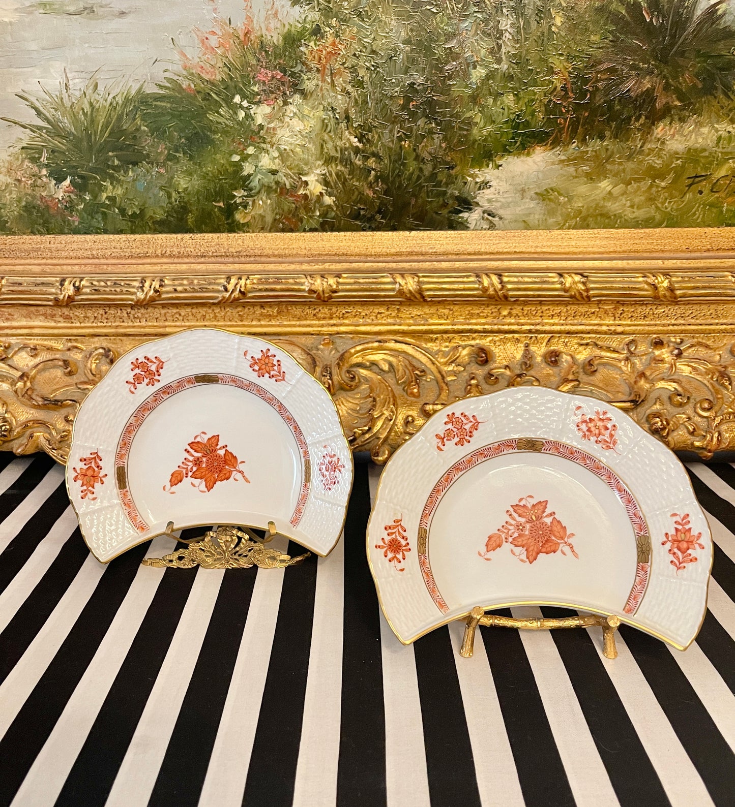 Herend Rust Chinese Bouquet Crescent Salad Plates, Sold in Pairs