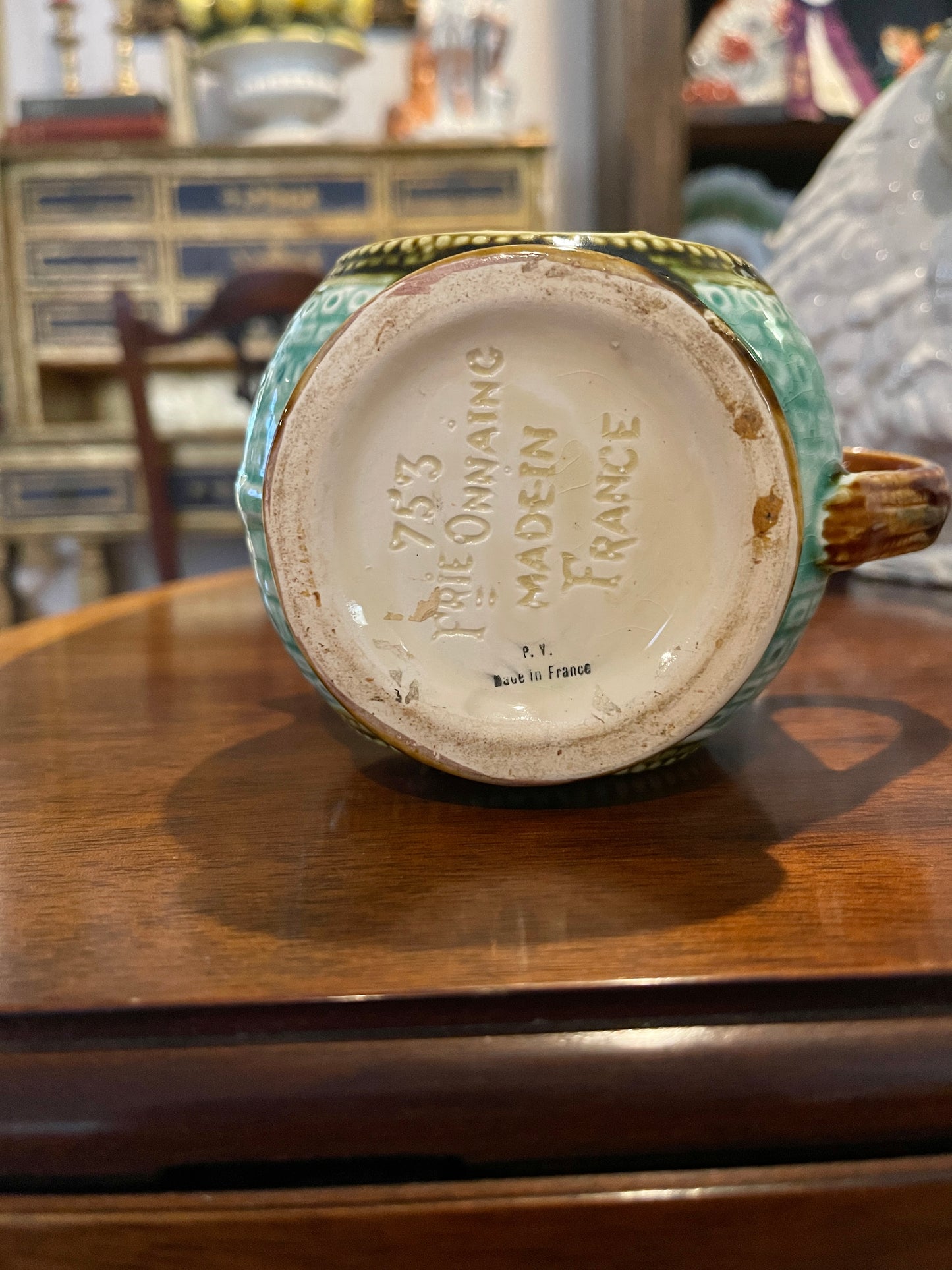 Antique Frie Onnaing Made In France Majolica Pitcher Milk Jug Creamer w/Lion