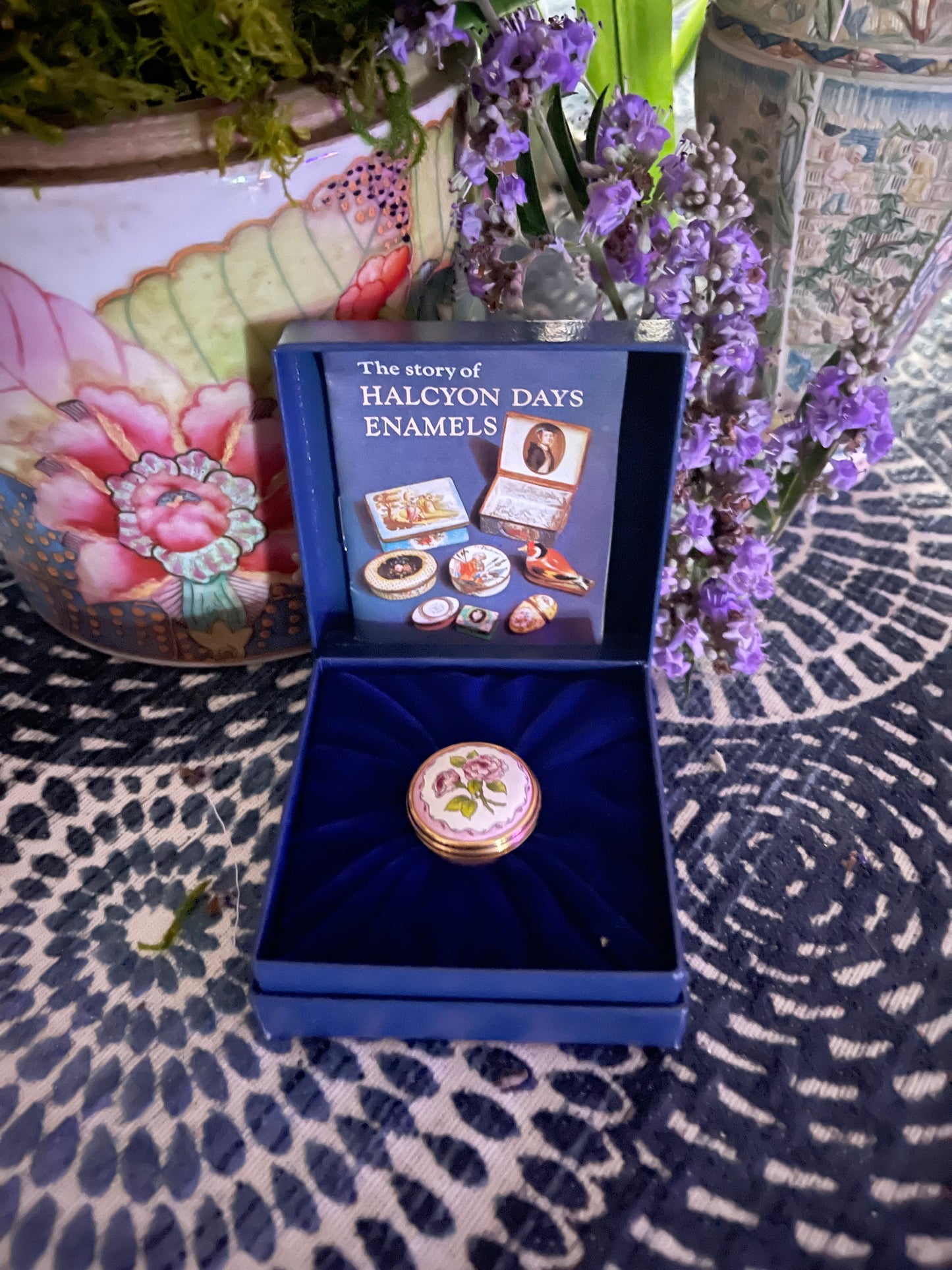 Halcyon Days MINI Enamel Box with Pink Flowers and Leafy Green Foliage, Made in England, Original Box