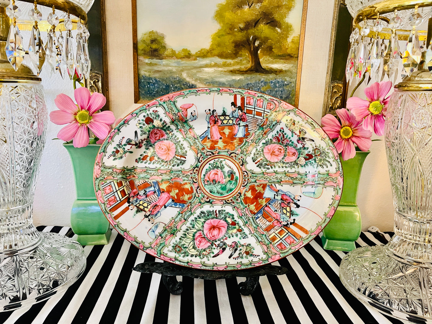Large Vintage Oval Rose Medallion Platter, Hand Painted, Decorated in Hong Kong,