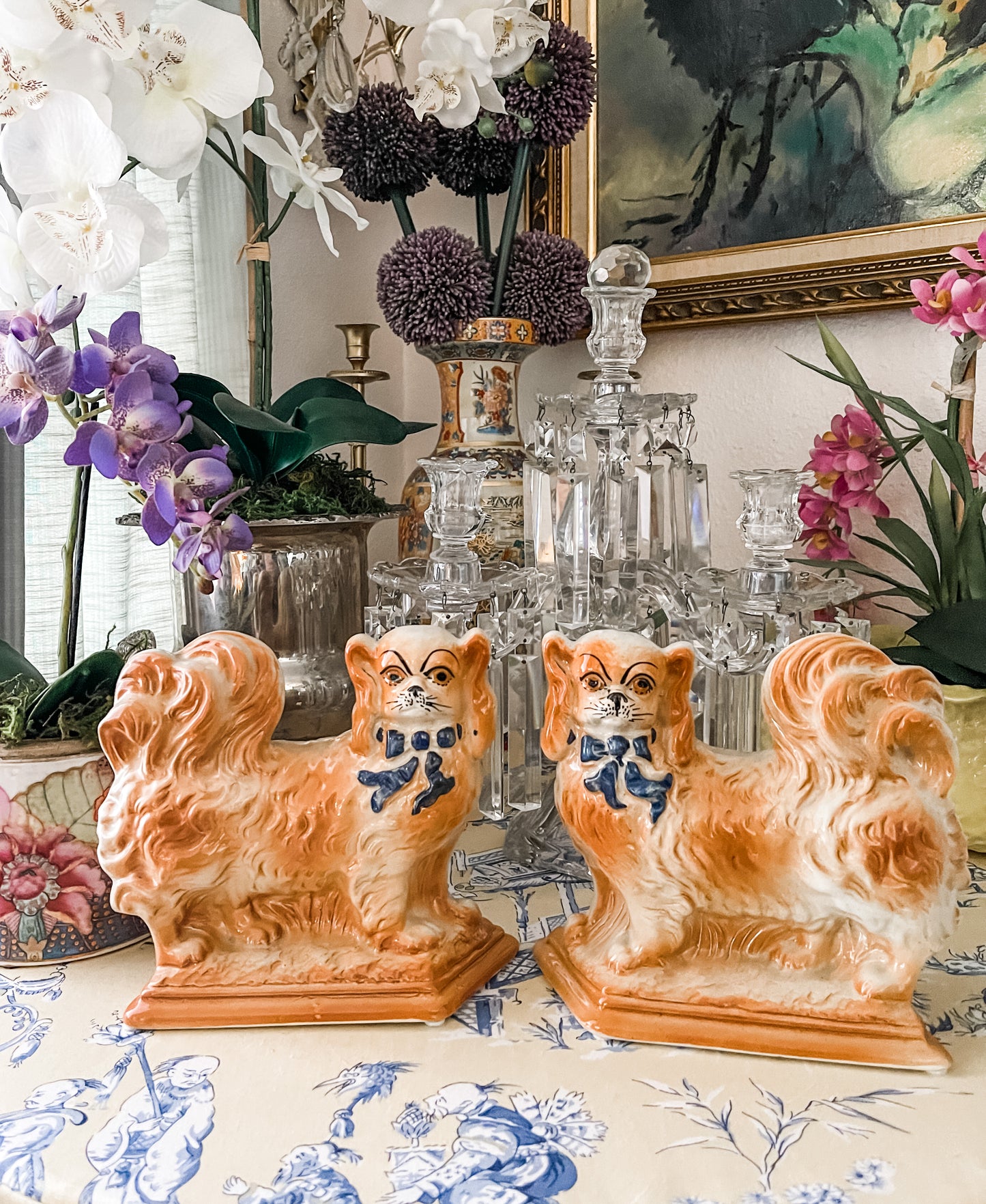 Antique Staffordshire Mantle Dogs, Pair of Pekingese with Blue Bows, Late 19th Century