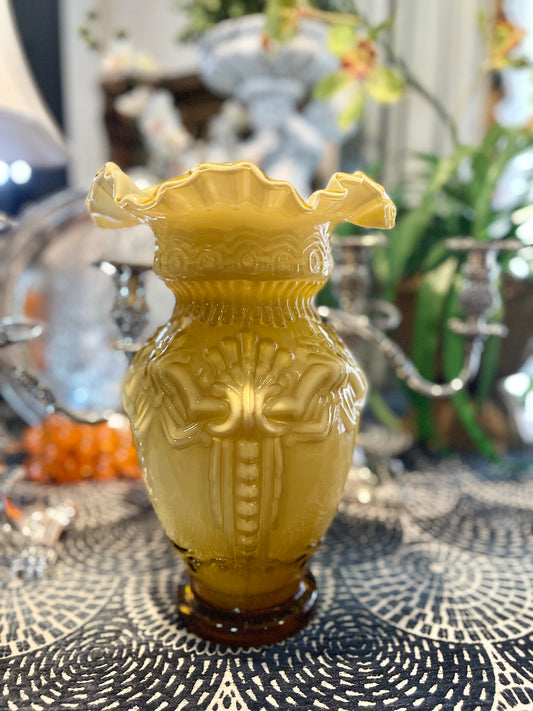 Vintage Art Deco Vase with Cased Ruffle Hand Blown Glass Vase, Mid 20th Century Victorian Vase in Butterscotch, Fantastic Detail