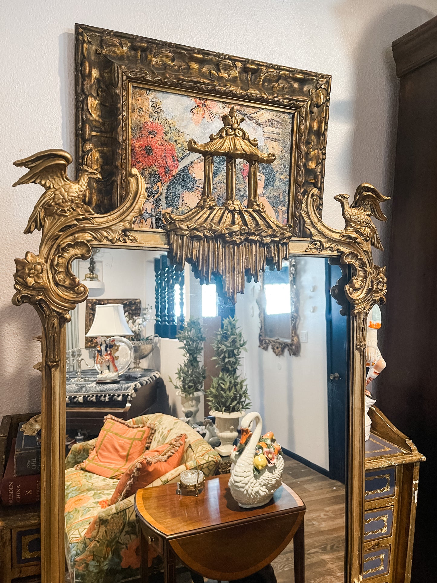 Antique Chinoiserie Hand Carved Gilt Wood Pagoda Rococo Mirror with Birds