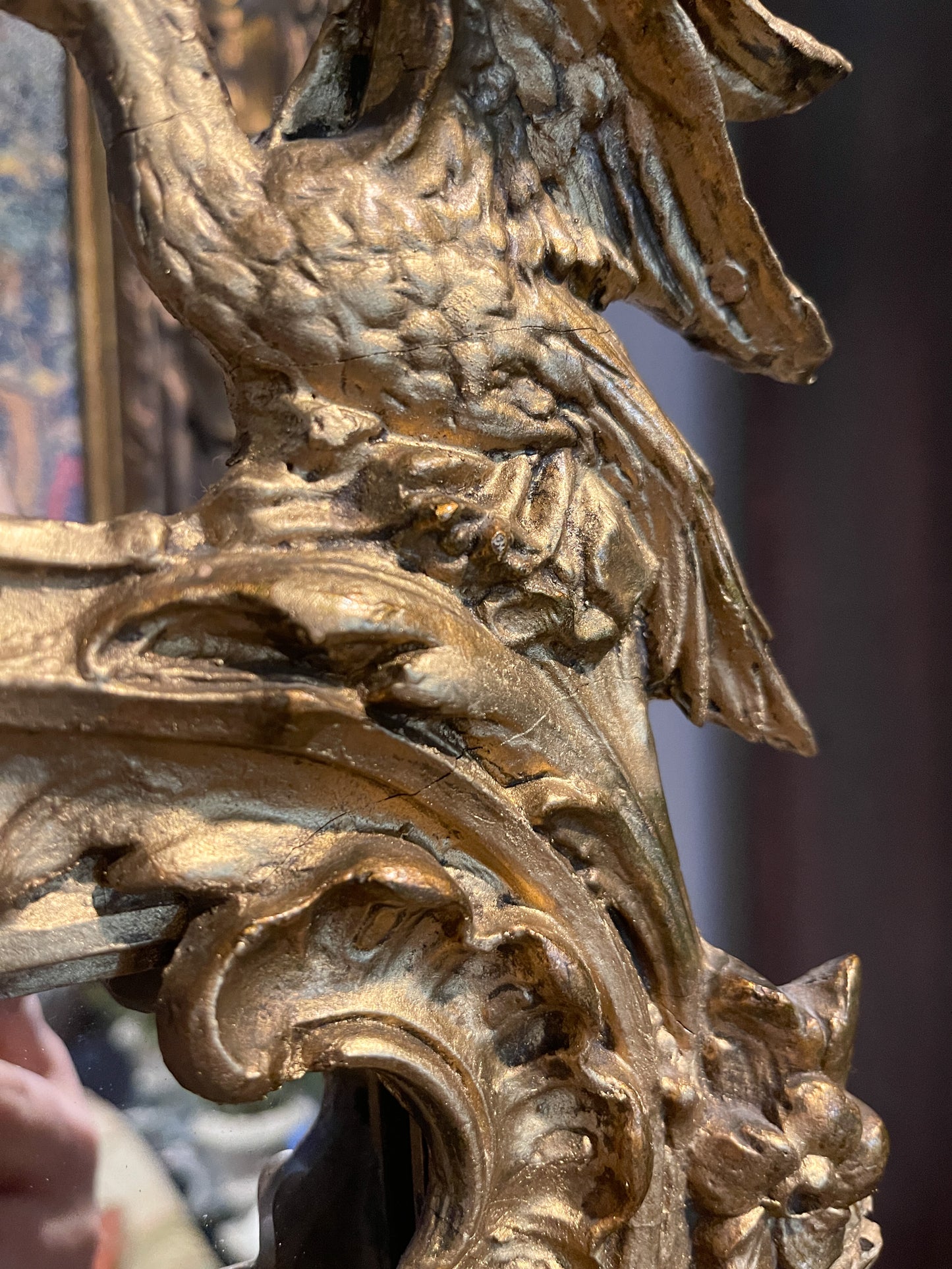 Antique Chinoiserie Hand Carved Gilt Wood Pagoda Rococo Mirror with Birds