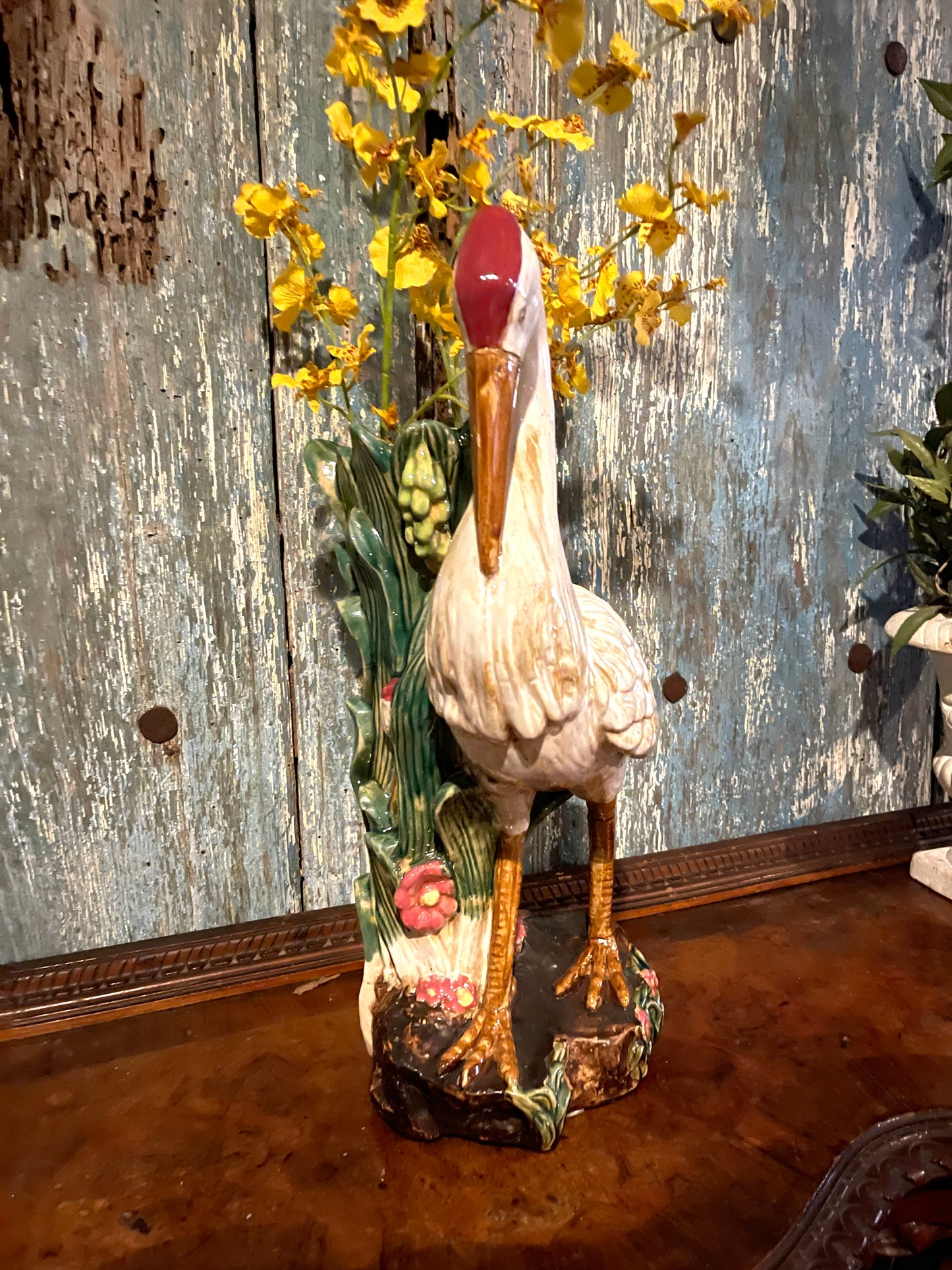 Large Majolica Style Heron Vase