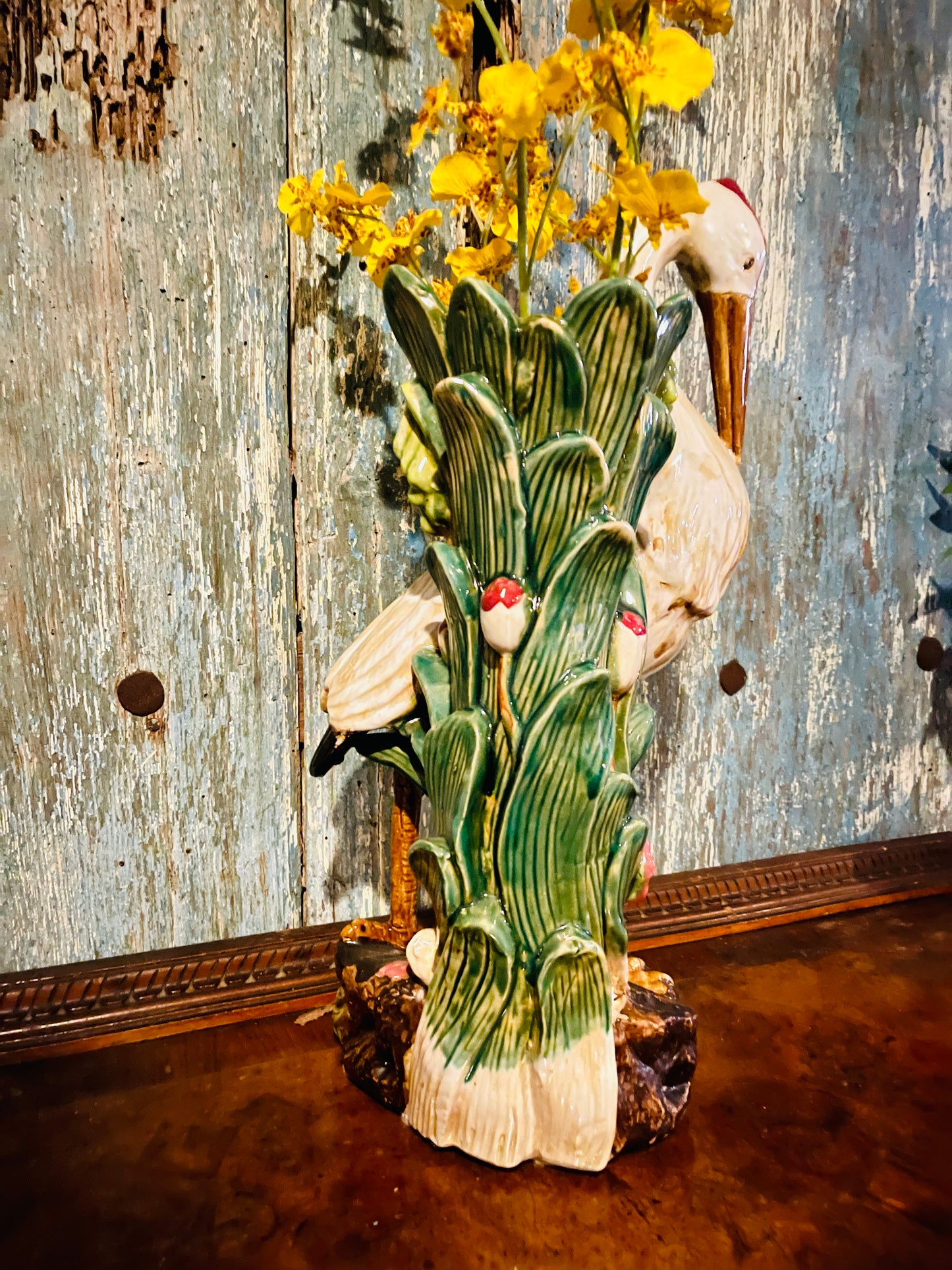 Large Majolica Style Heron Vase