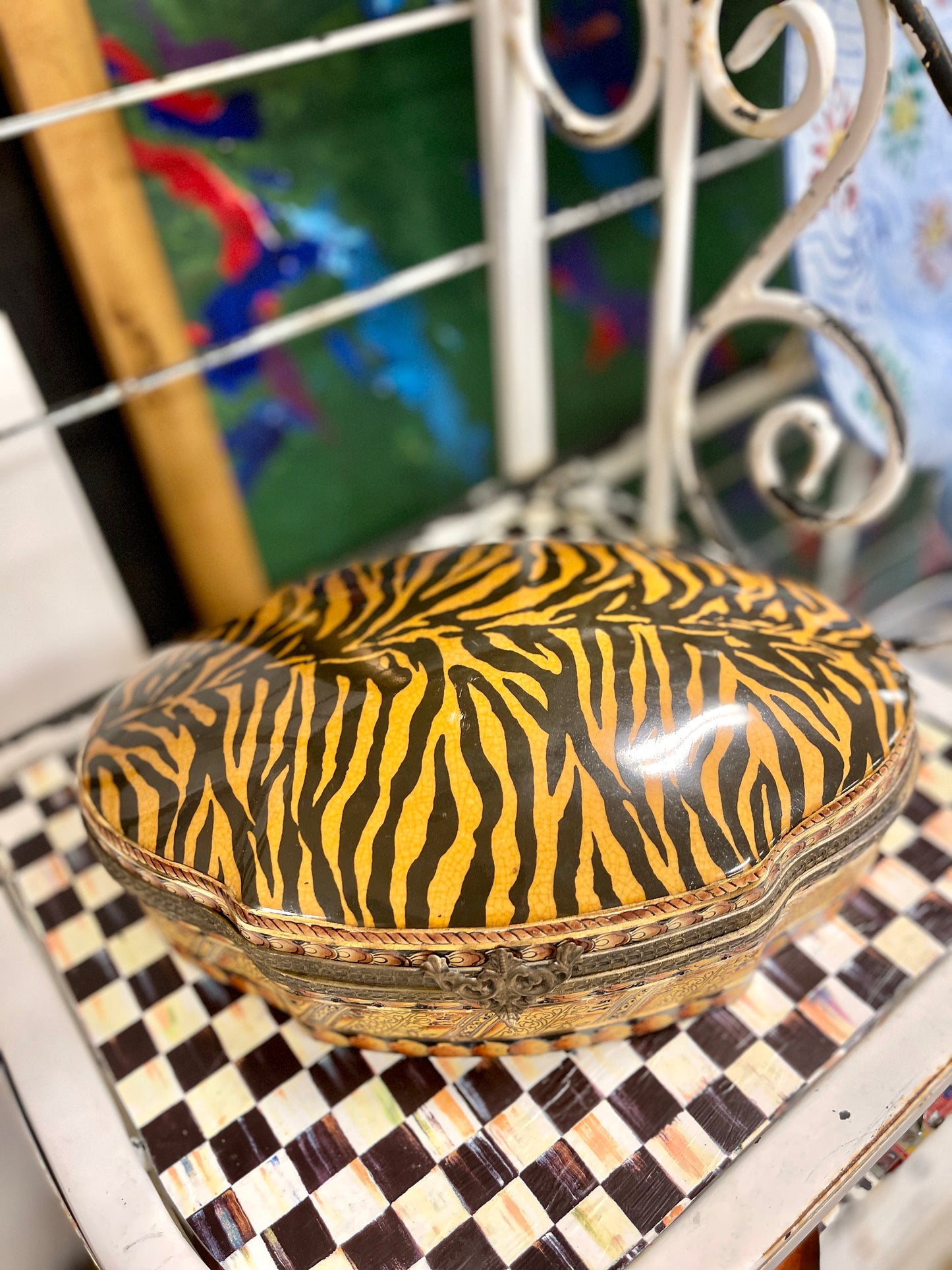 Large Vintage Tiger Print and Ormolu Porcelain Lidded Box