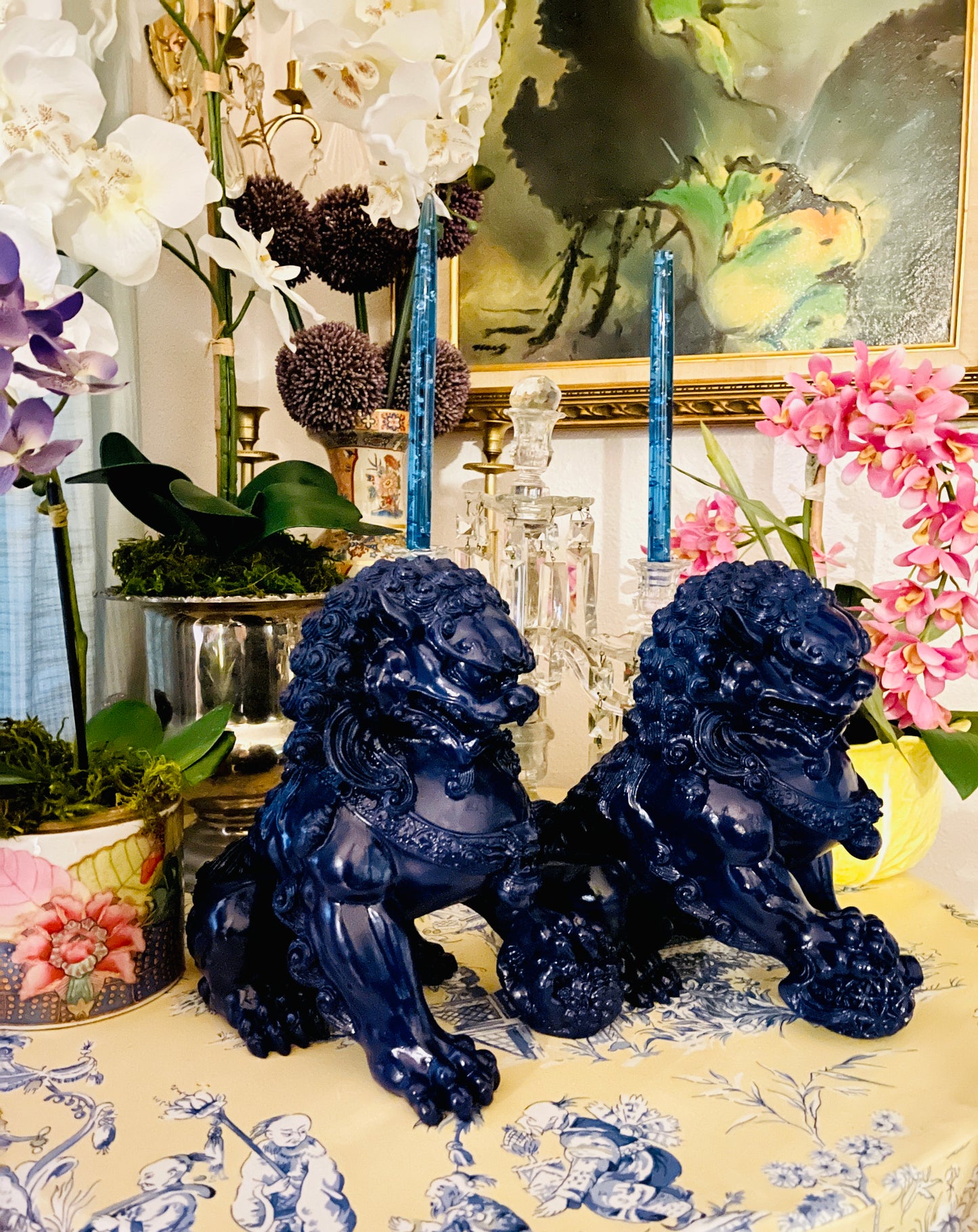 Pair of Blue Lacquered Foo Dogs, Chinoiserie Chic Decor